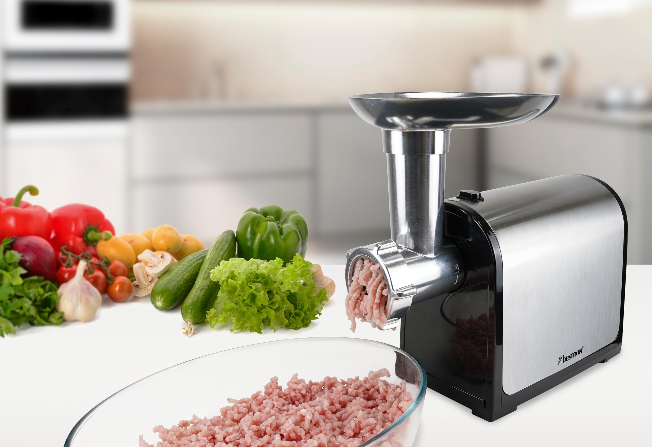 Picadora de Carne, 1300 W Max, 2 Discos de Acero Inoxidable, Molido Medio o Grueso, Para Carne Picada, Salchichas y Kubbe, Piezas Desmontables, AMG300SS