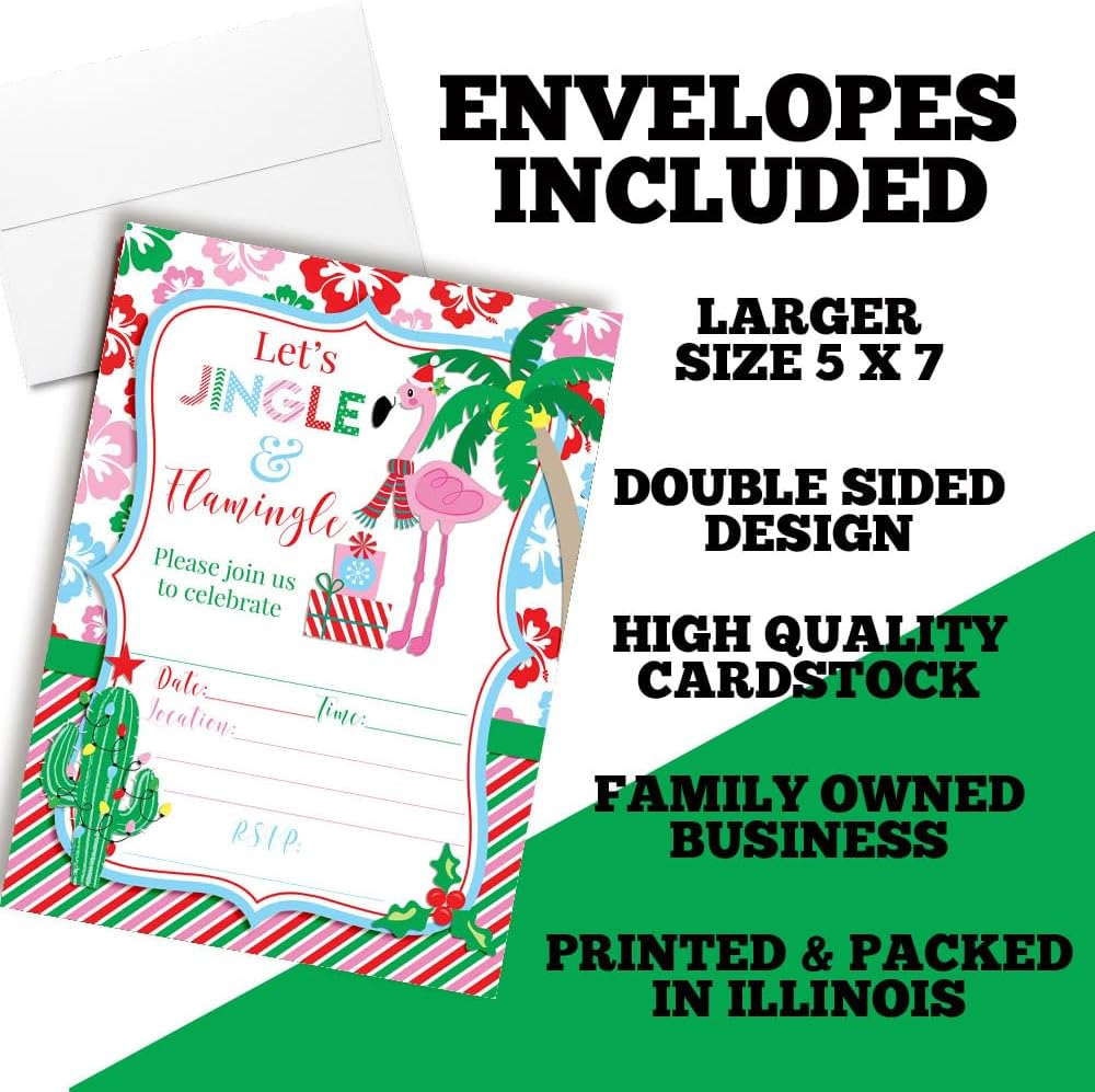 Amanda Creation Christmas Invitations with Envelopes – Winter Tropical Flamingo, 20 Pack 5x7 Double Sided Fill-In Invite Cards with Twenty White Envelopes Perfect for Christmas Parties