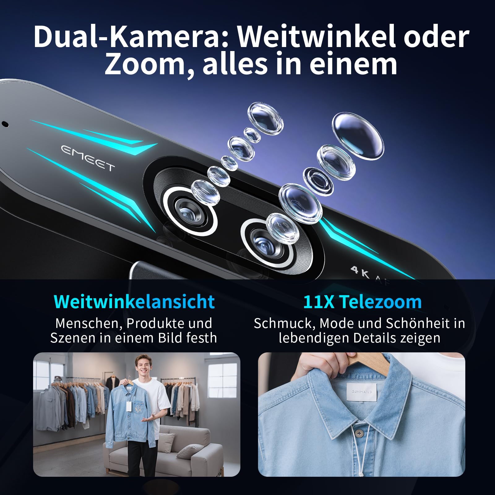 EMEET C60E Dual-Kamera-4K-Webcam für Streaming, Weitwinkel- und Teleobjektiv, bis zu 11-facher Hybrid-Zoom & PDAF-Autofokus, Fernbedienung, RGB-Beleuchtung, 2 Mikrofone, ideal für Livestreaming
