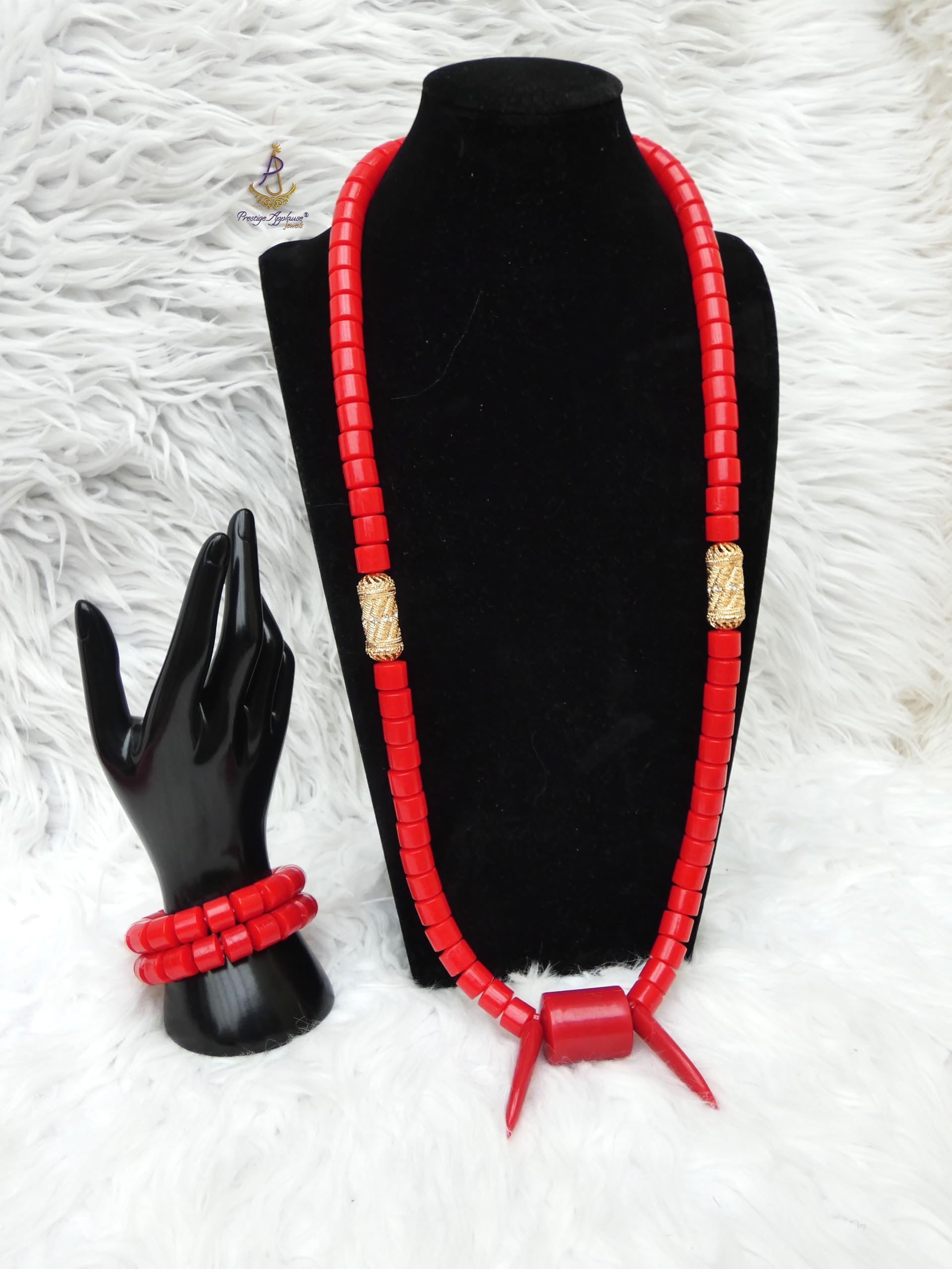 Parure traditionnelle africaine Edo Igbo en perles de corail blanc avec collier et bracelet - Motif éléphant - Bijou de mariage nigérian pour homme