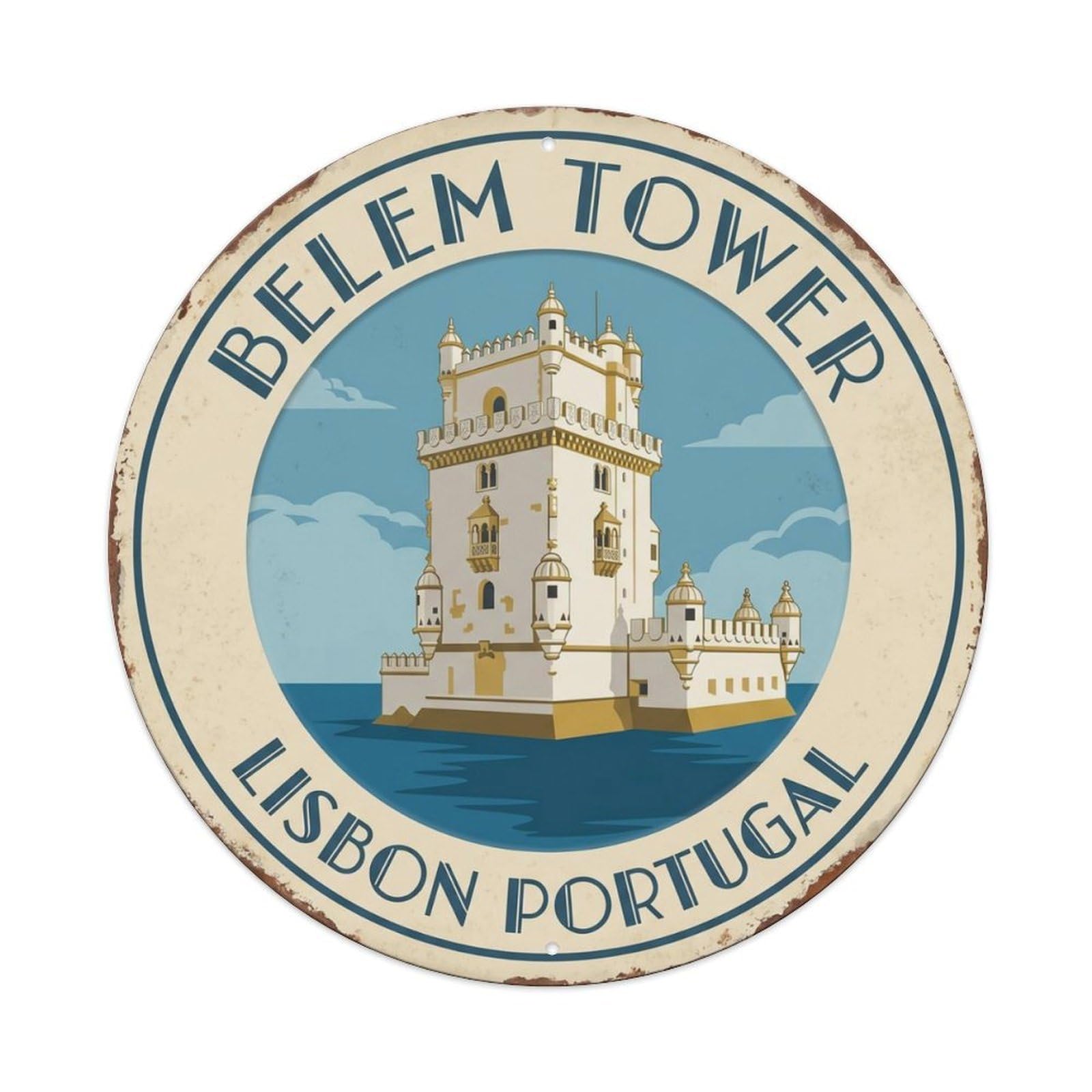 Belem Tower Lisbon Portugal Monument Metal Tin Sign Plaque Wall Decor for Cafe, Club Bar, Office, Home Garden Round Metal Poster 8x8Inch