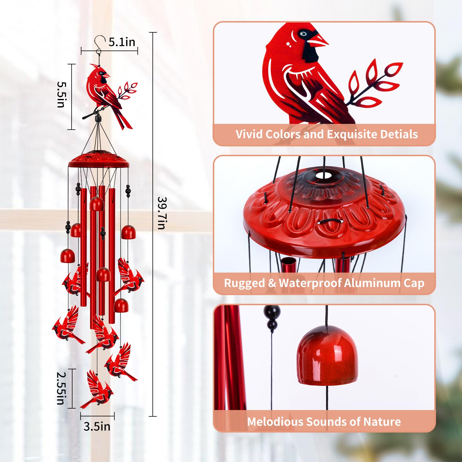 Carillon éolien Cardinal, Carillon éolien Rouge Cardinal Pour Décoration De Jardin, Cadeaux De Jardin Pour Femme, Anniversaire/Thanksgiving/Noël, Pour Maman, Grand-mère