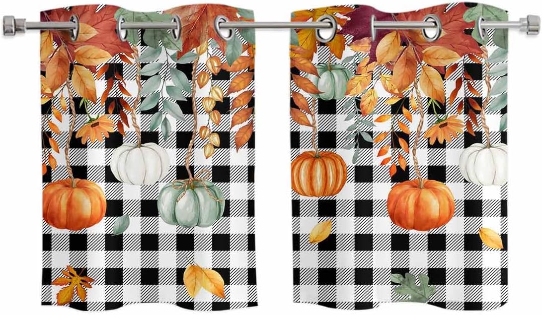 Fall Orange Green Pumpkins Kitchen Curtains Window Panels, Thanksgiving Weeping Maple Leaf Insulated Window Treatment Curtain, Grommet Curtains for Bedroom/Living Room, 2 Piece 27.5"Wx39"L