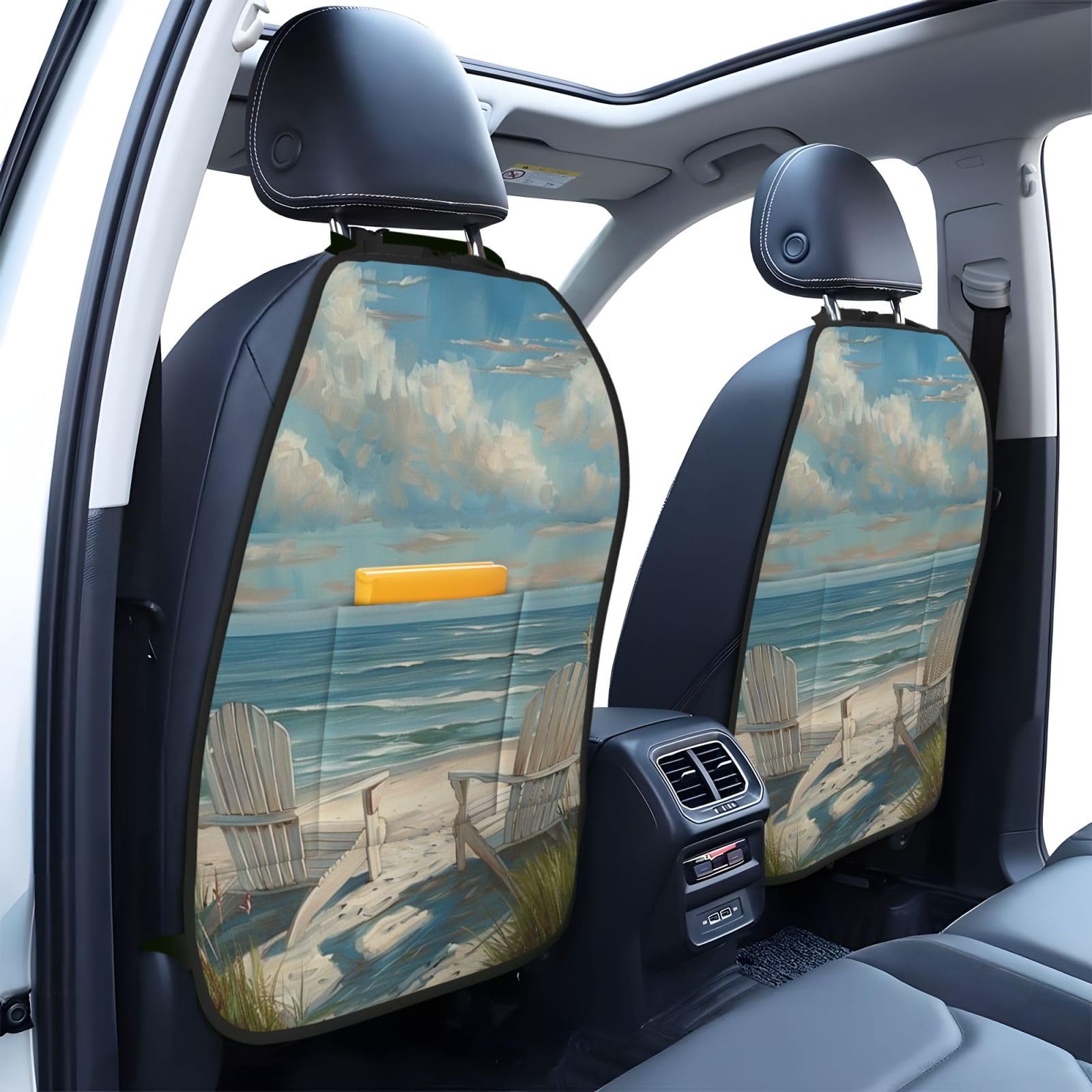 JTNWEC Beach Scene with Chairs Print Car Seat Kick Mats with Organisers 2 Pack Backseat Protector Seat Covers for Your Car, SUV, or Truck