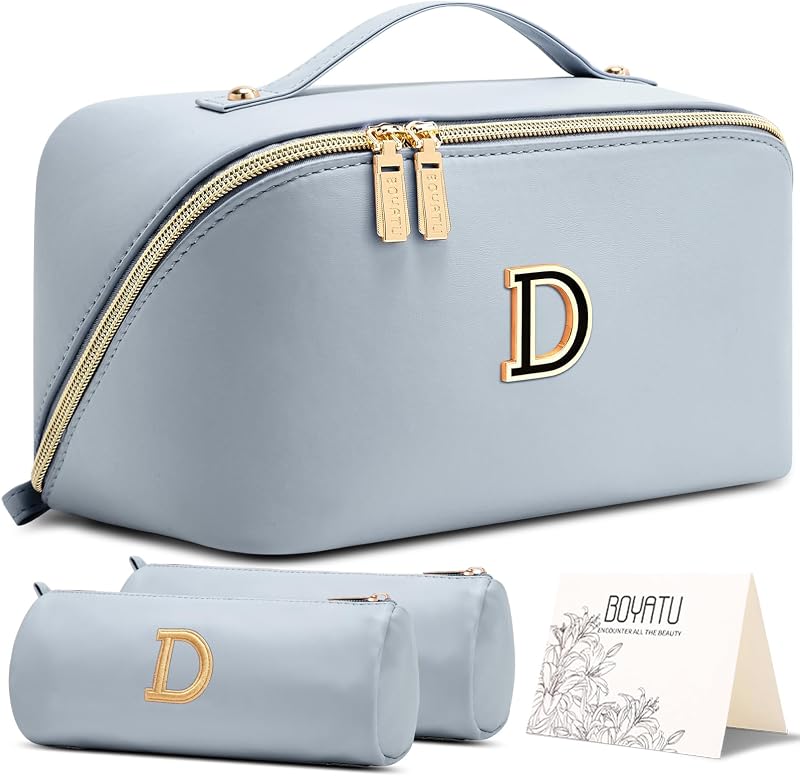 Necessaire de maquiagem personalizada BOYATU azul com divisórias removíveis e conjunto com 3 peças