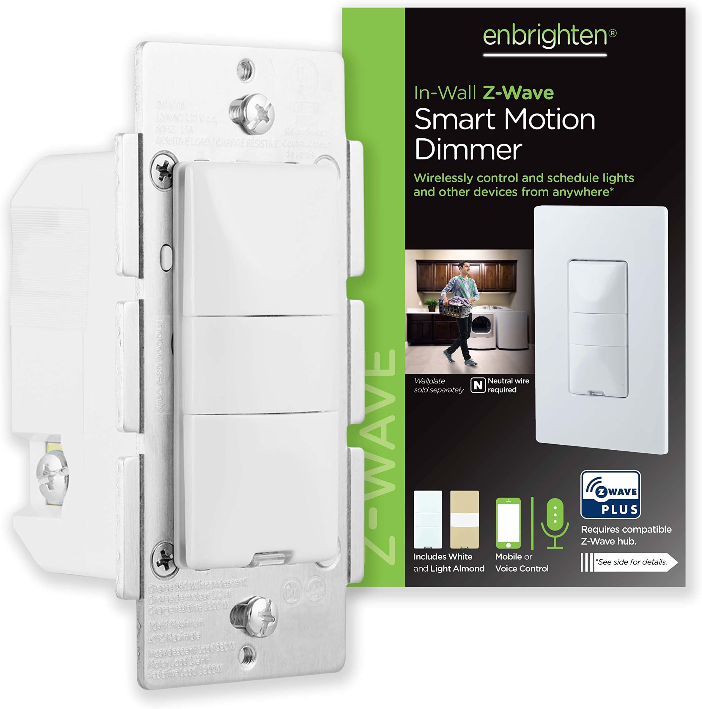 GE Enbrighten Z-Wave Plus Smart Motion Sensor Dimmer Switch, Full Light Dimming, Vacancy / Occupancy Sensor, White and Lt. Almond, Zwave Hub Required, Works with SmartThings, Wink, Alexa, 26933