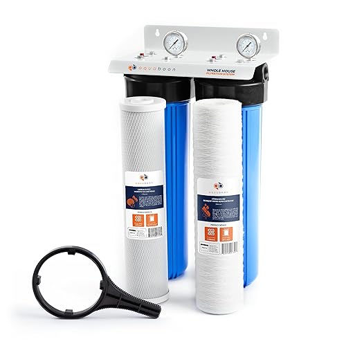 Aquaboon Sistema de filtro de agua de 2 etapas para agua de pozo con filtro de sedimentos de heridas de hilo de 5 micrones, filtro de carbono y