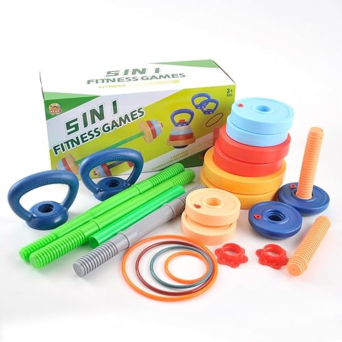 Juego de fitness 5 en 1 para niños, juguetes de entrenamiento de peso ajustable 5 en 1, juego de pesas rusas con mancuernas para edades de 3 años,