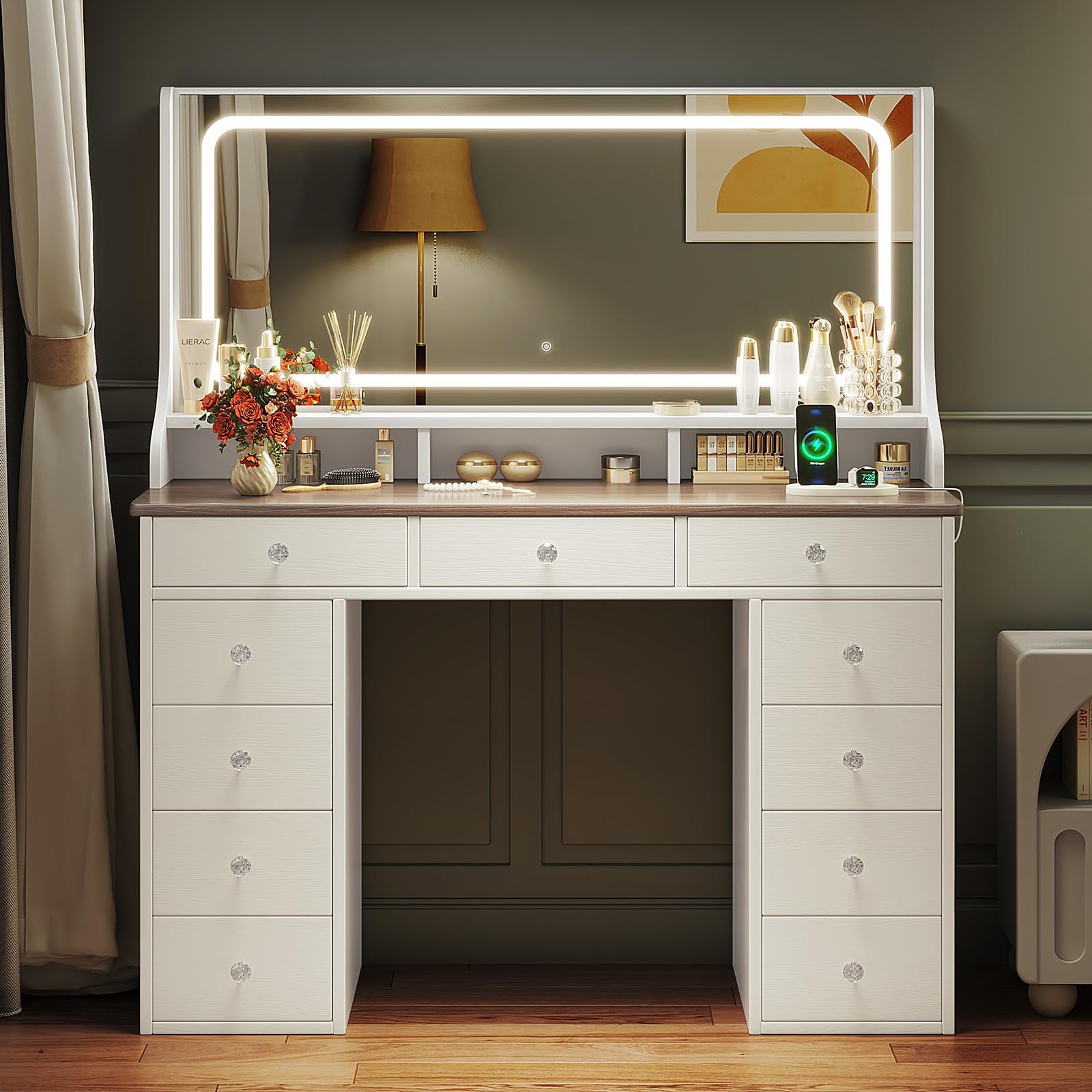 Dripex Schminktisch mit Beleuchtung, Vanity Desk mit 11 Schubladen,110cm LED-Spiegel und Steckdose, Verstellbare Helligkeit, Moderner Schminktisch für Schlafzimmer und Ankleidezimmer, Vintage Braun