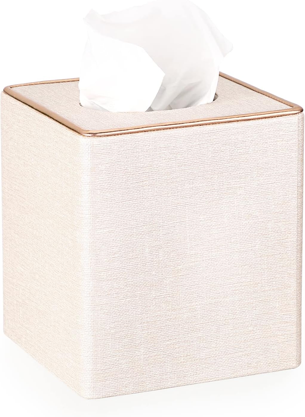 BTSKY Household Square Linen Tissue Box with Decorative Gold Line - Cube Tissue Paper Holder and Cover Holder - Storage Organizer and Dispenser Case - Napkin Box, Beige
