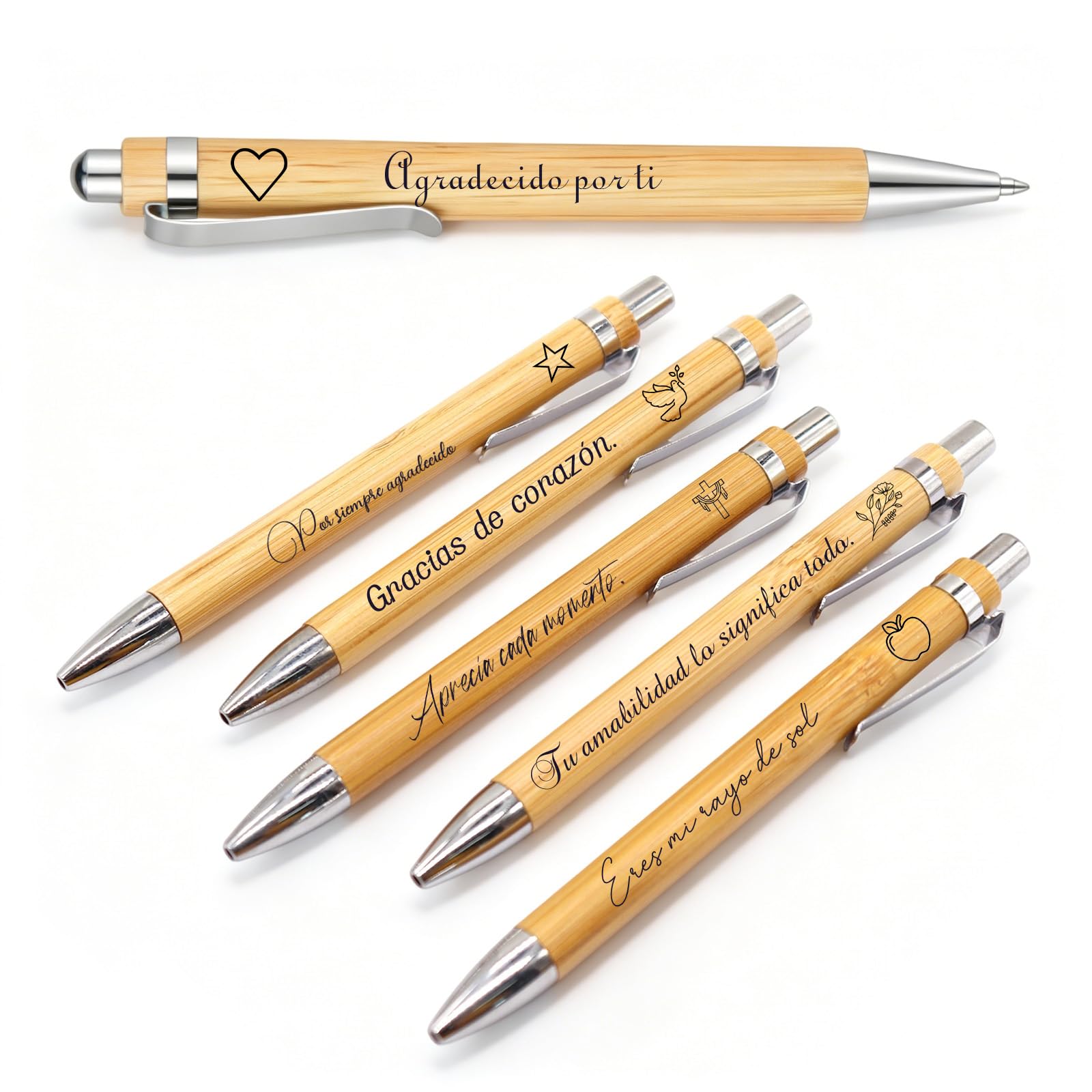 Personalized Laser Engraved Bamboo Pens, Wooden Name or Logo Pens, Retractable with Black Ink, Gifts for Teachers, Employees and Volunteers (5, Wood)