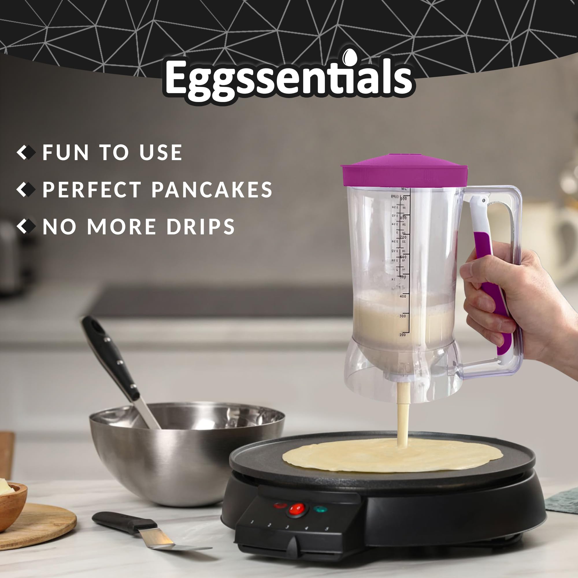 Eggssentials Dispensador de masa sin desorden, mango apretable, cupcakes, gofres y más. Botella dispensadora de panqueques duradera y fácil de verter para hornear suavemente
