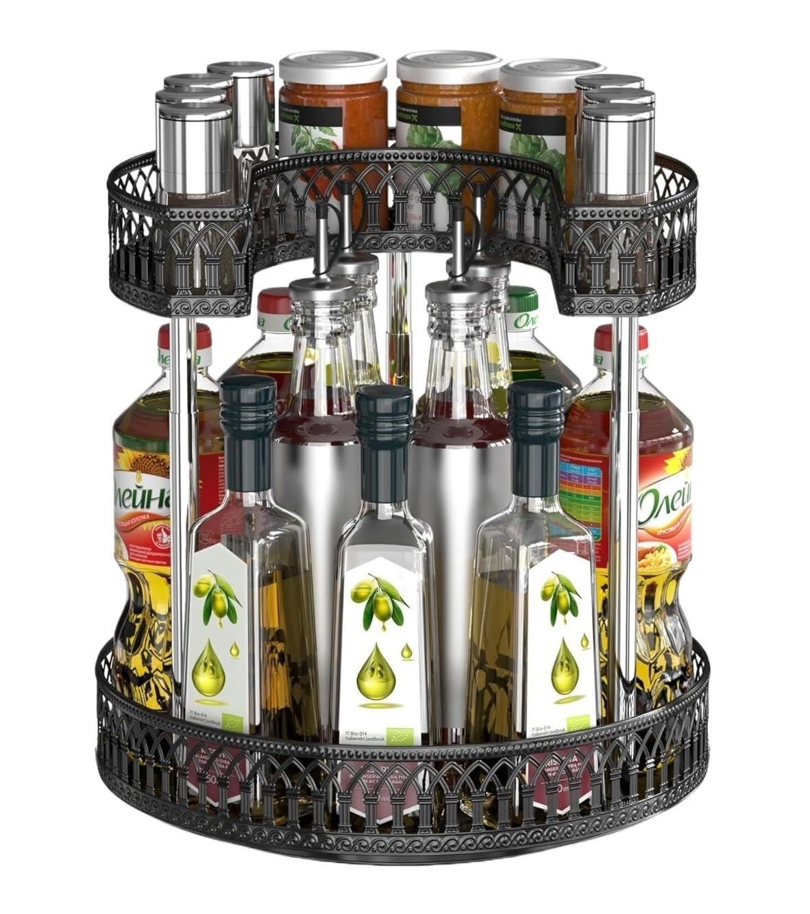 FYIYIEW spice rack, Kitchen Rack 2 Tier Spice Metal Turntable Organizer Adjustable Rotating Holder(Black)