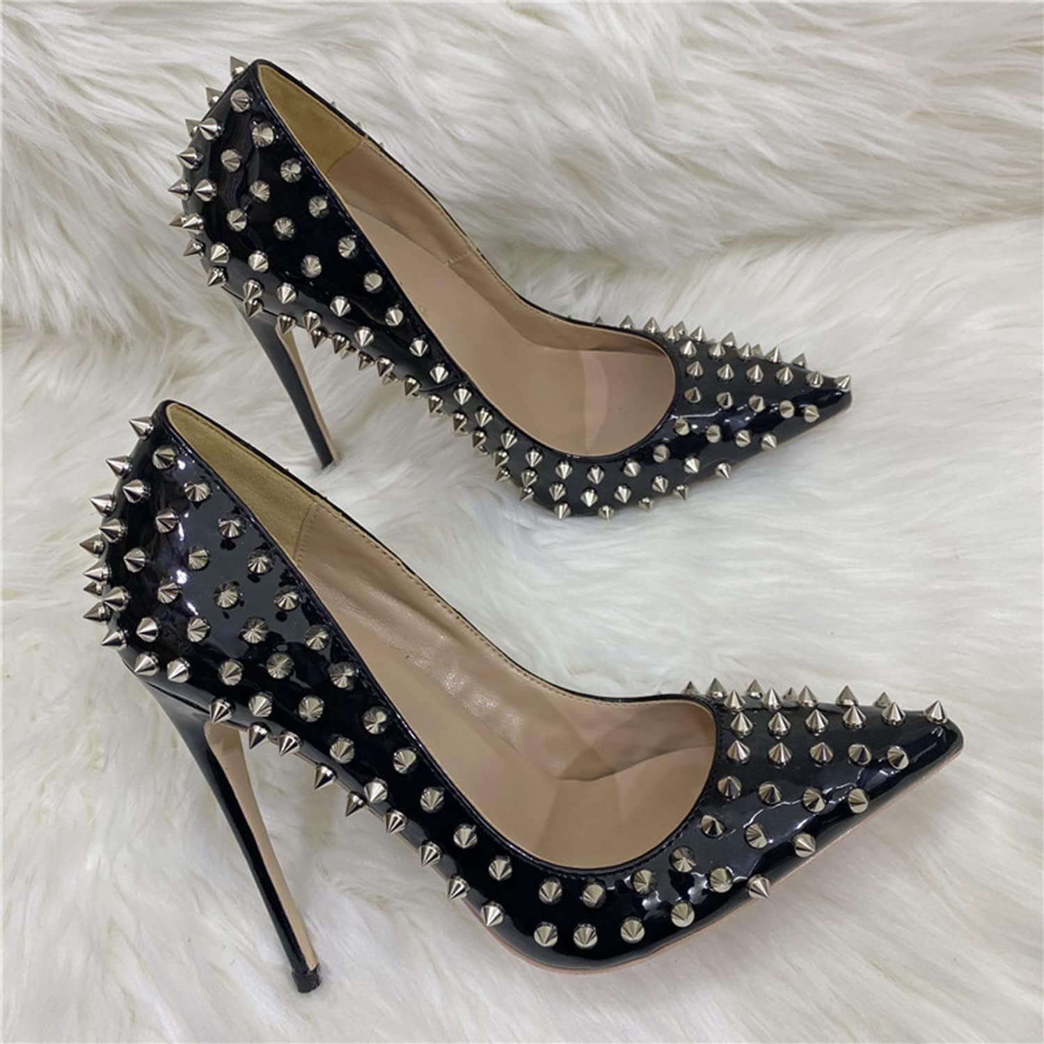 Tacchi alti a punta borchiati da donna con tacco a spillo da 4,7 pollici borchiati slip on abito da sposa scarpe da sera pelle/Black/39EU
