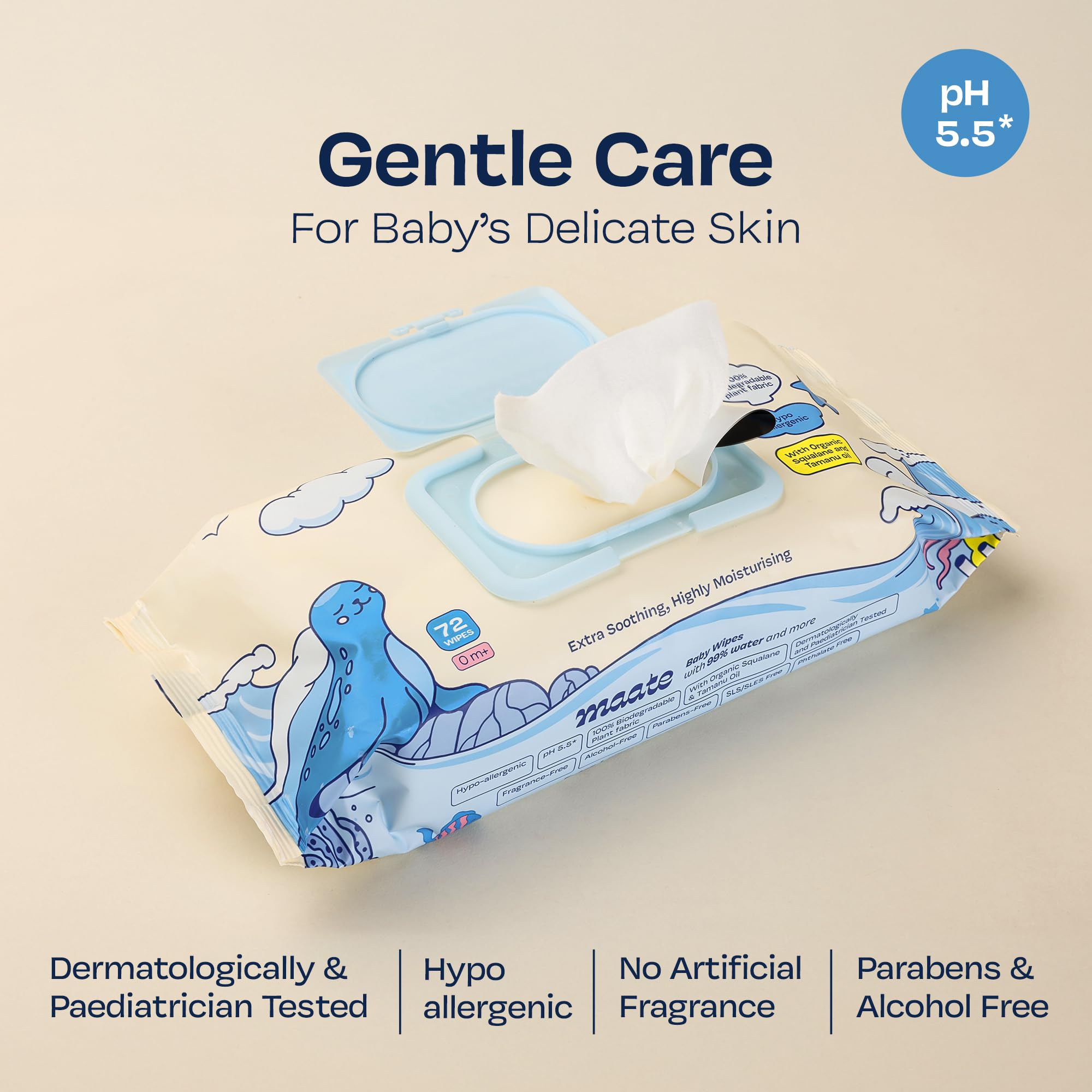 Maate Baby Wipes (Pack of 3, 216 Wipes) | Soothing & Hypoallergenic | Infused With Plant Squalane, Tamanu Oil & Aloe Vera | & Hydrating | Wipe for Baby's | Paraben & Sulphate Free 4