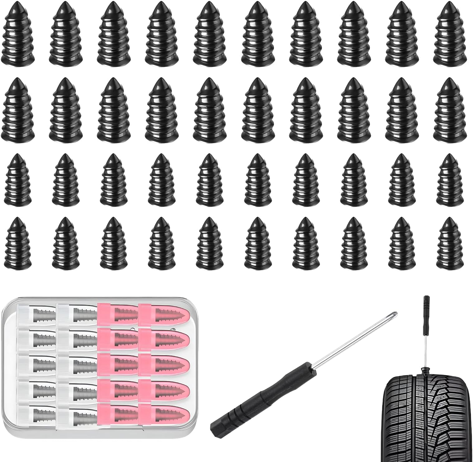 - 41 Pcs Tire Repair Nail Set, Vacuum Tire Mending Nail & Screwdriver Tool, Self-Tapping Tire Screws with Rubber Seal, Tire Screw Plug Repair Kit for Car, Motorcycle, Jeep, Tire Puncture Repair