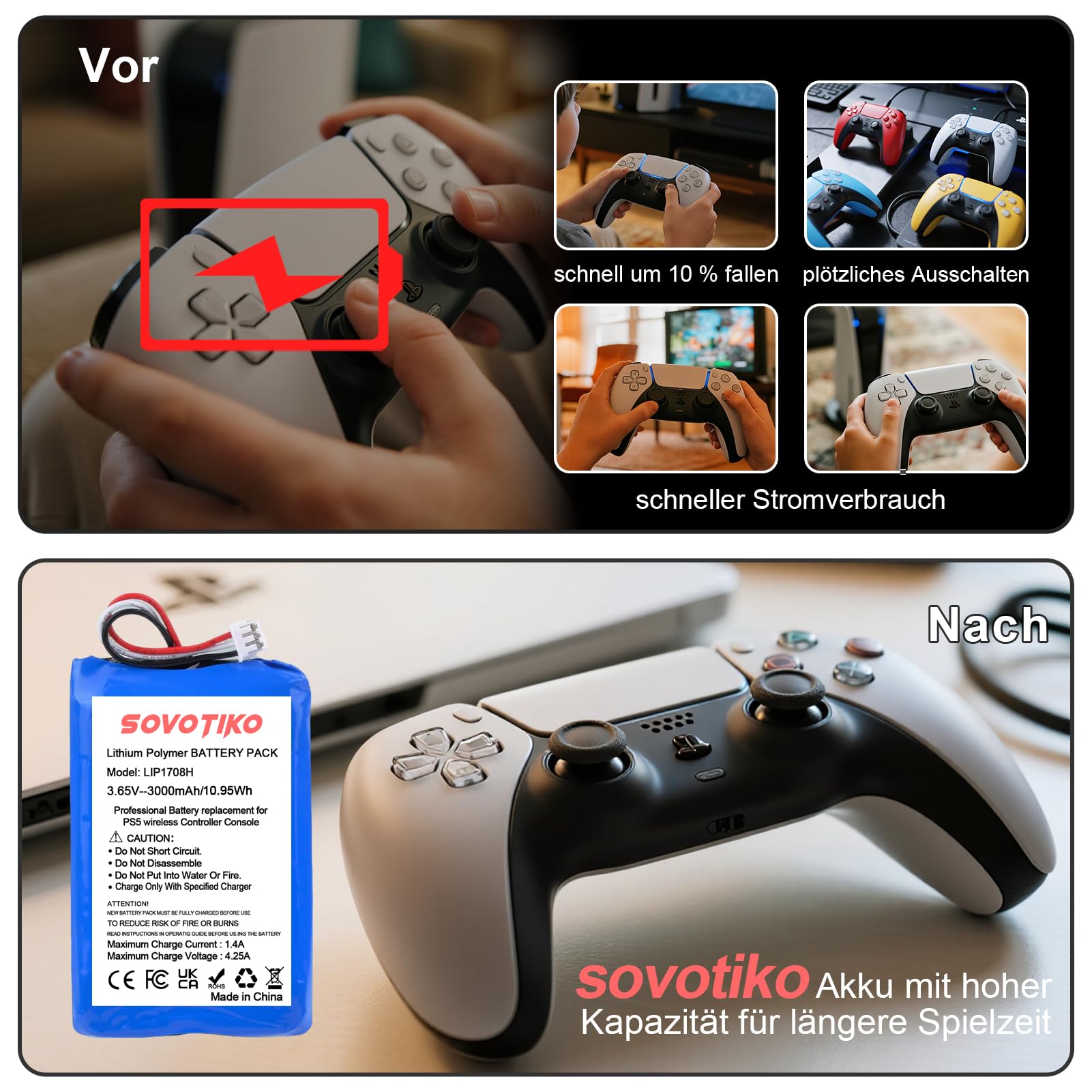 2 Stück High-Performance Li-Ionen Ersatzakkus für PS5-Controller, LIP1708H 3000mAh wiederaufladbarer Akku für Sony PlayStation 5 DualSense Controller CFI-ZCT1W