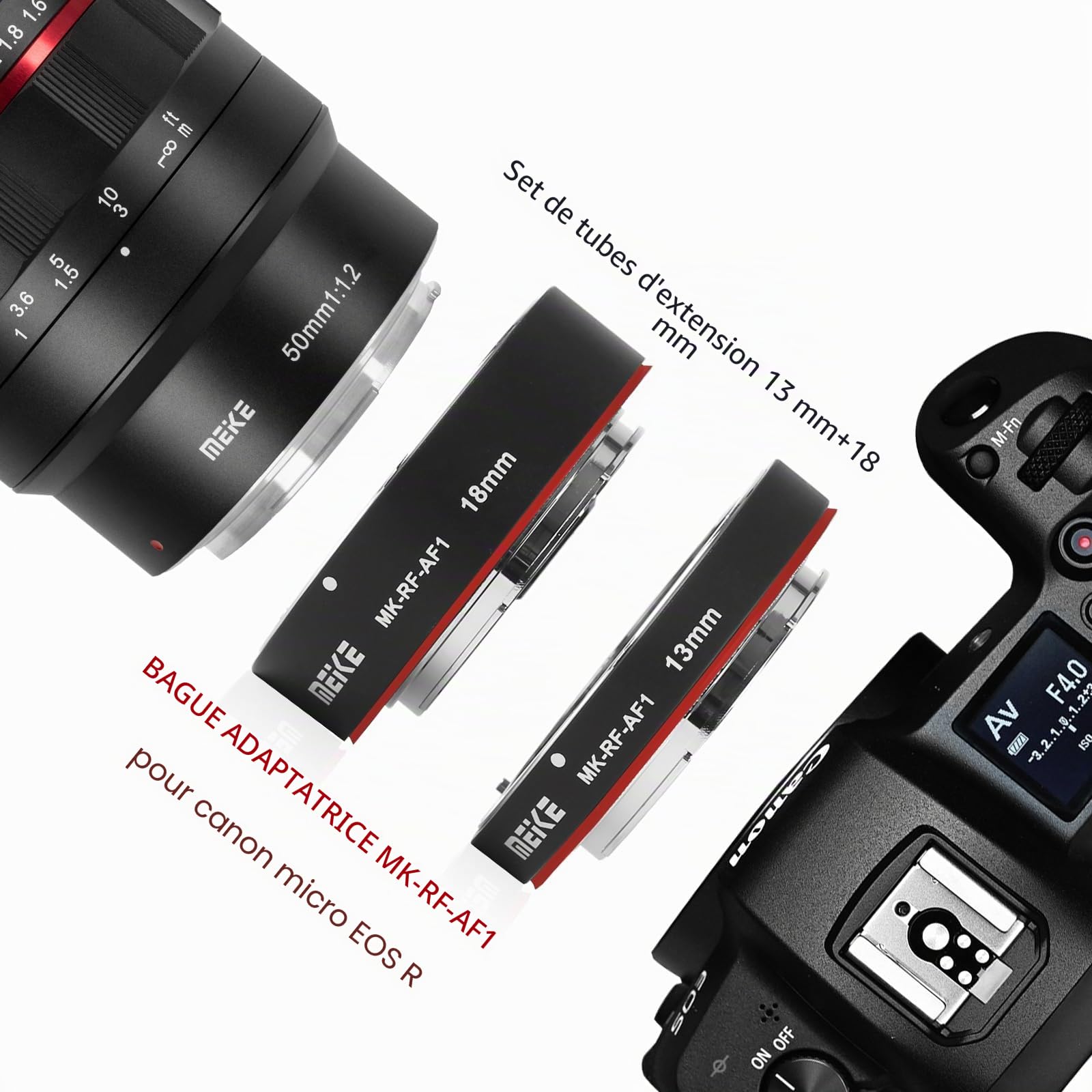 Meike MK-RF-AF1 Bague d'adaptation de tube d'extension macro en métal pour mise au point automatique (13 mm + 18 mm) compatible avec les appareils photo Canon RF-Mount EOS R RP