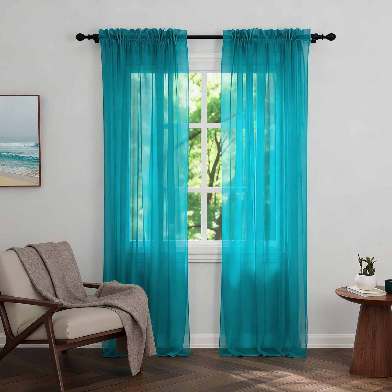 Zdada Net Curtains for Windows 108 Drop, Teal Slot Top Voile Curtains, Semi Transparent Sheer Curtain Net Curtain Panel for Living Room Kitcken W60xL108 Inch,2 Panels