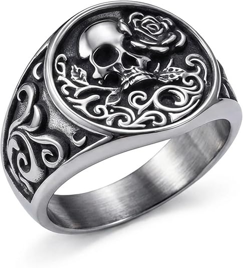 Skull Rings for Men Women Band Gothic Punk Stainless Steel Ring Silver Vintage Goth Rose Skeleton Cocktail Party Biker Ring