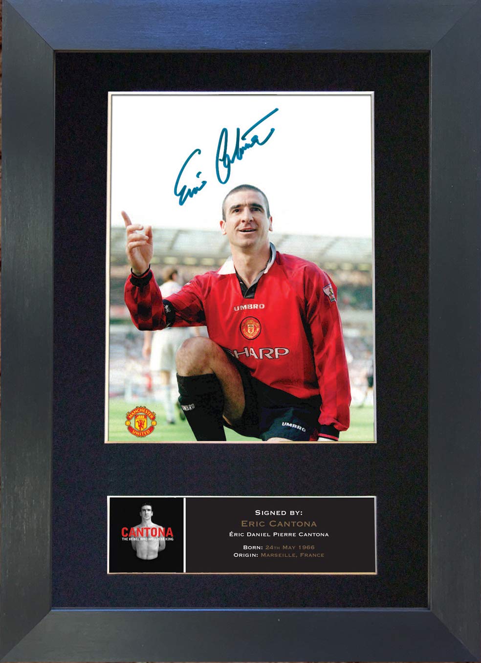 The Autograph Collector Gold,Black Eric Cantona Man U Signed Autograph Mounted Photo Reproduction Print A4 Rare (297 X 210Mm) #488 (Black Frame)