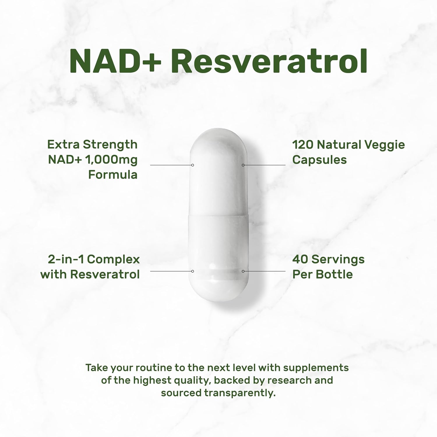 NAD+ Resveratrol Supplement 1,000mg Per Serving, 120 Veggie Capsules | 2-in-1 Extra Strength NMN Supplement Alternative | NAD Supplements for Women & Men | Non-GMO, Gluten Free - Image 3