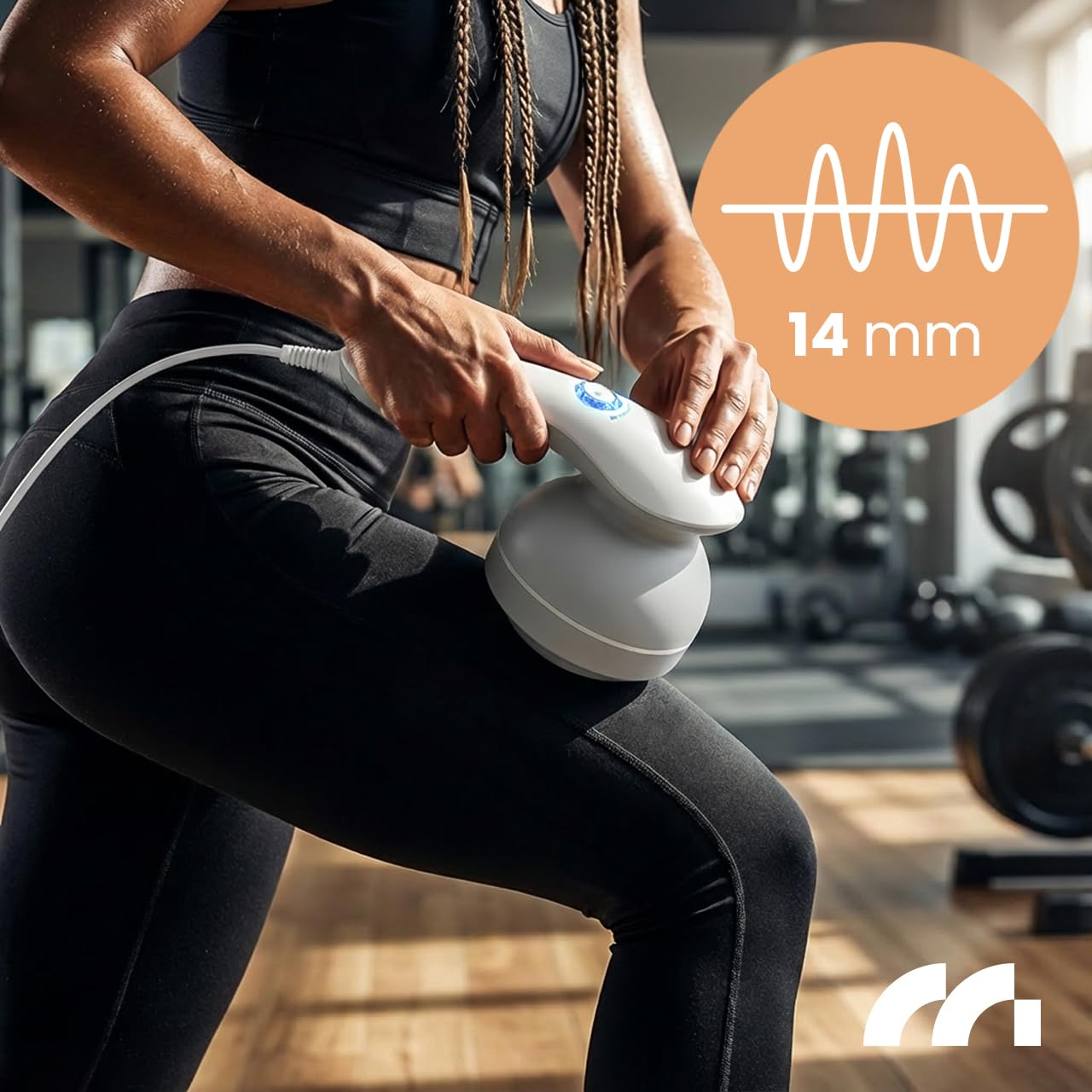 MalTec Anti Cellulite Massagegerät Körper, Vibrationsmassagegerät mit 8 Aufsätzen, 14 mm Amplitude, stufenlose Intensität, Netzbetrieb, Haar-Schutznetz, Körpermassagegerät für Beine Bauch SkinPulse