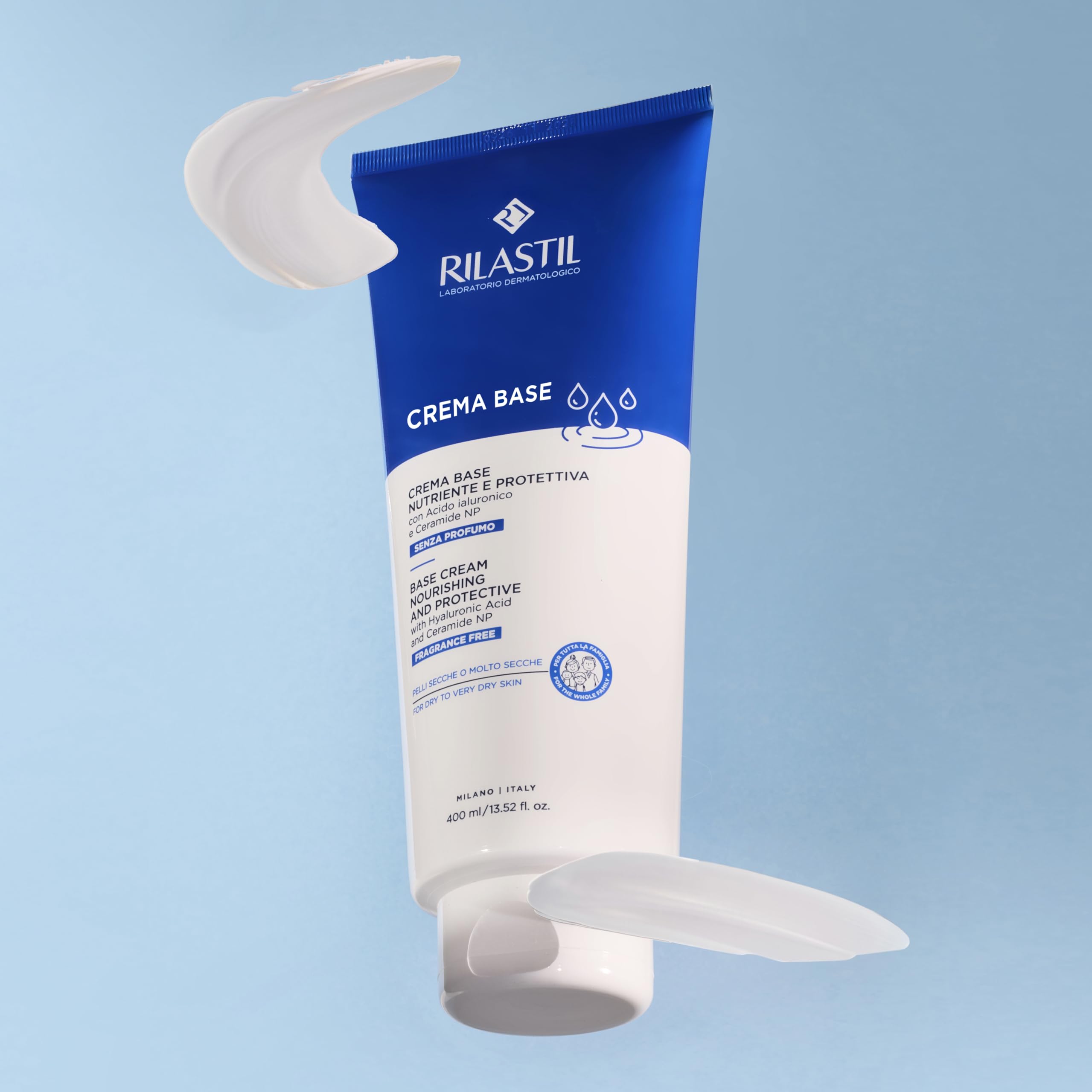 Rilastil Crema Base, Crema Idratante per Viso e Corpo, Senza Profumo, per Pelle Secca e Molto Secca, Adatta a Tutta la Famiglia, 400 ml