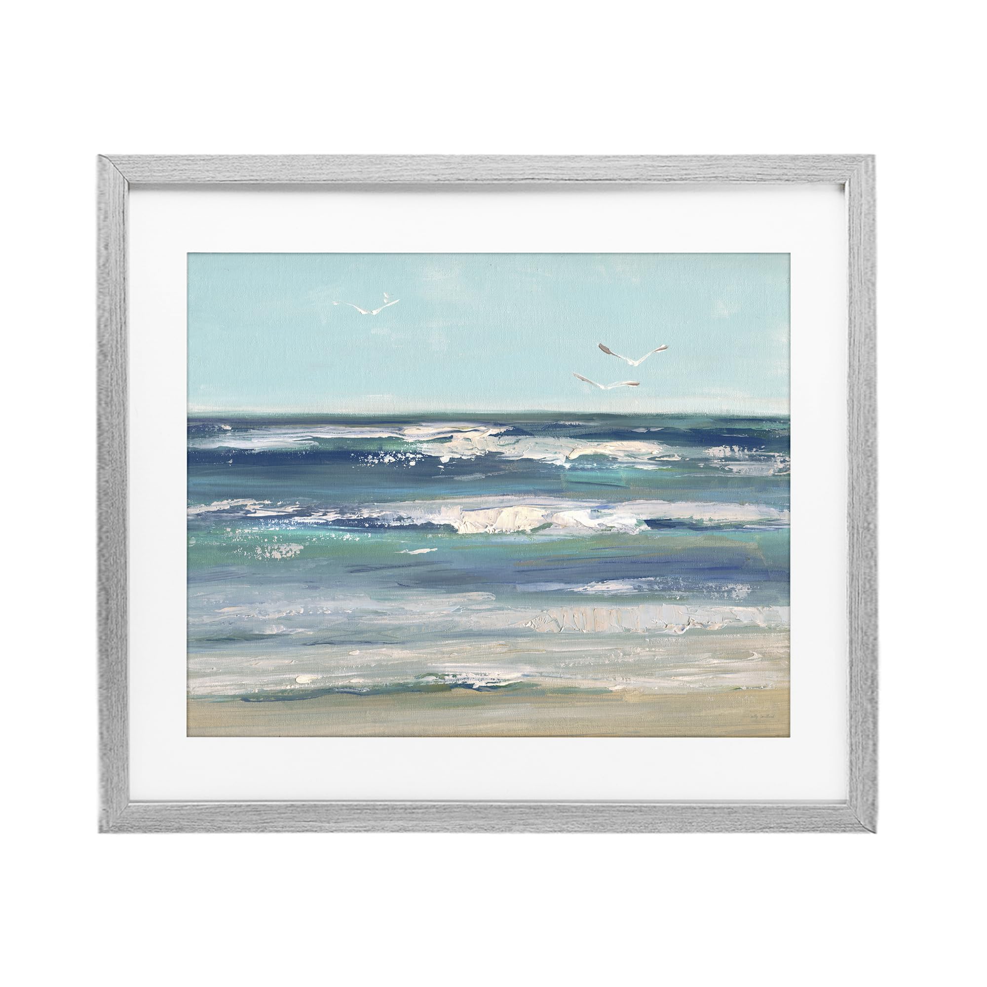 Stupell Industries Seagulls Over Rolling Waves, Tranquil Ocean Shoreline Decor for Dining Room, 13 x 16 Inch Framed Matted Print Under Glass, by Sally Swatland, Made in USA Gift