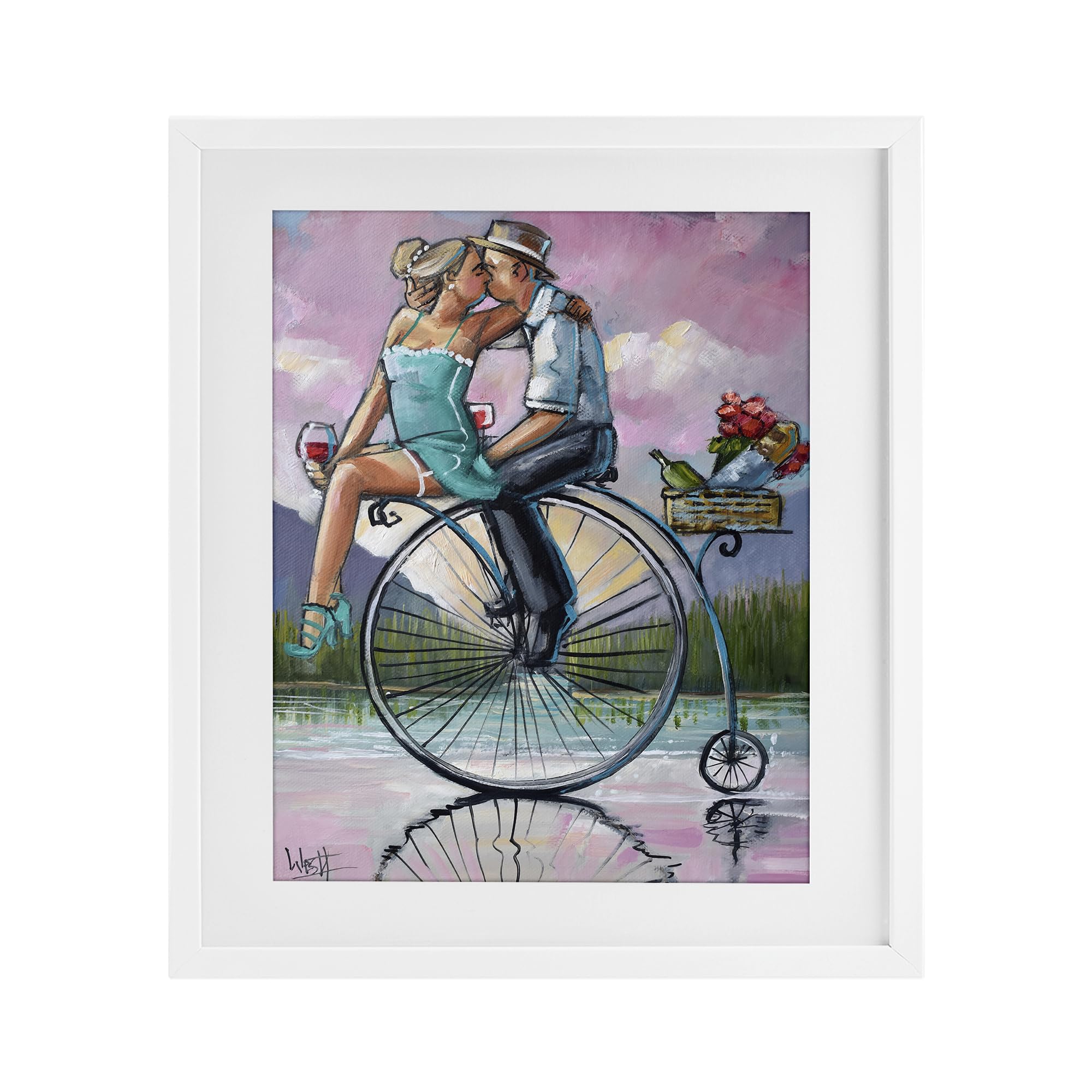 Stupell Industries 'Romantic Picnic on Bicycle', Framed Print Under Glass, White, 13 x 16 Inches, Easy to Hang and Sturdy, Made in USA, by Ronald West