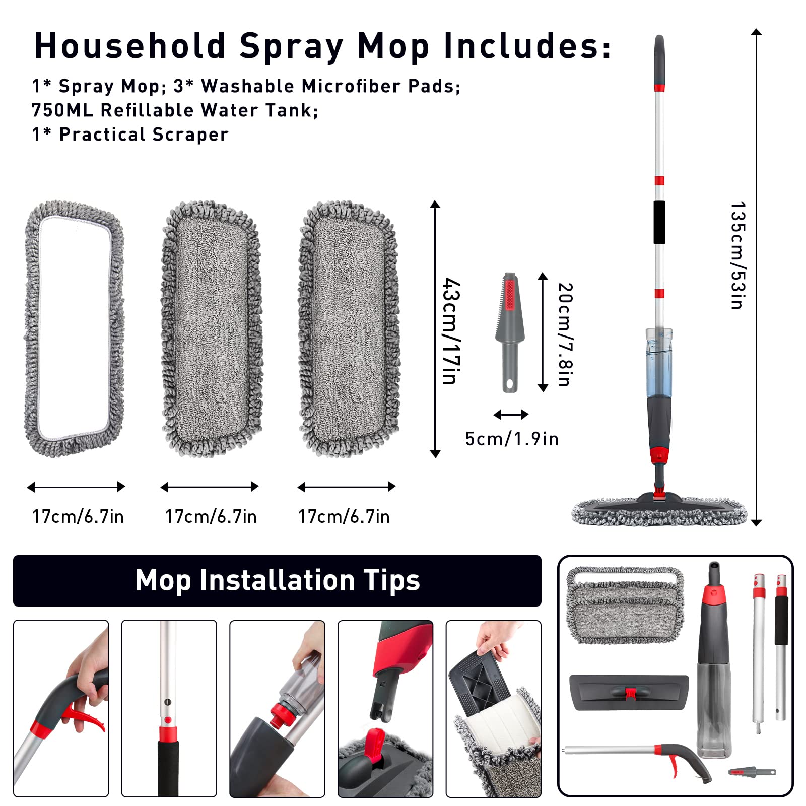 Mopy natryskowe do czyszczenia – 135 cm, 750 ml mopy natryskowe, mop podłogowy z mikrofibry do laminatu, płytek, ceramiki, czyszczenia podłóg z twardego drewna z 3 podkładkami wielokrotnego