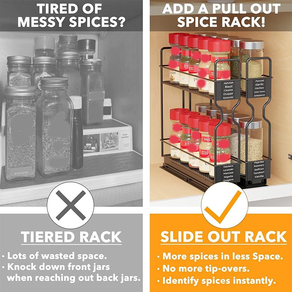 Organizador de especias, estante extraíble de 2 niveles para armario de cocina, estante organizador de cajones de especias para espacio pequeño, fácil de usar