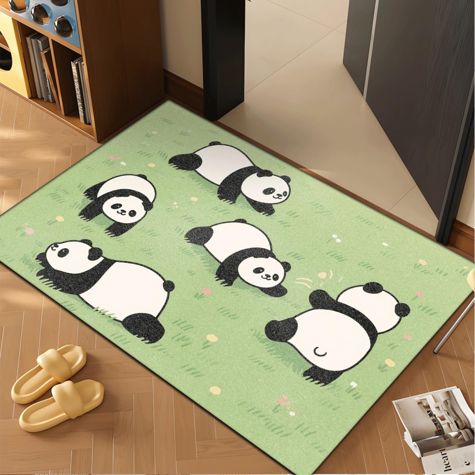 Tapis Entree Interieur Panda Vert Mignon Tapis D'entrée Facile à Nettoyer Antidérapant Lavable en Machine pour Chambre Cuisine Couloir Paillasson Interieur Exterieur 80x120 cm