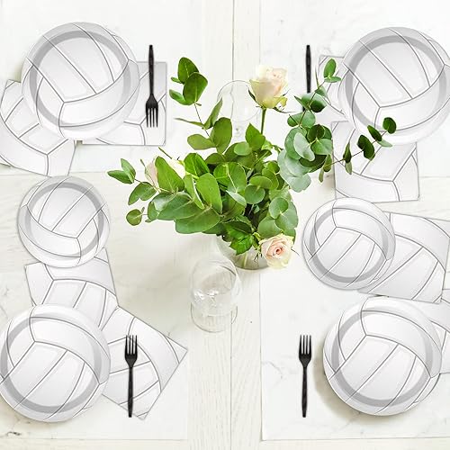 Miniatura 7 de Wiooffen 96 piezas de voleibol suministros de fiesta de cumpleaños platos de papel deportivo, servilletas juego de vajilla desechable, kit de