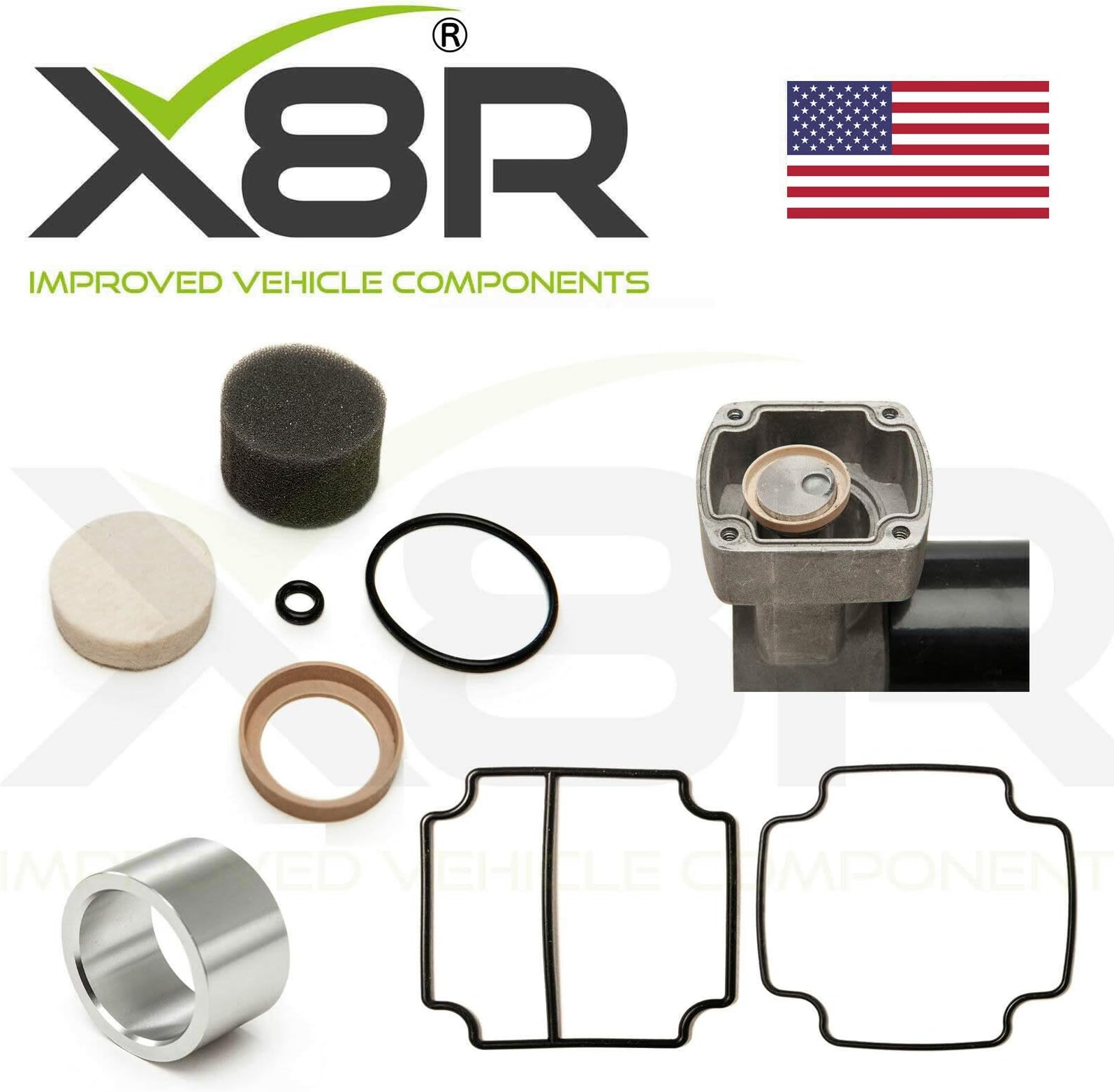 X8R AIR SUSPENSION COMPRESSOR PISTON LINER AND SEAL REPAIR KIT FOR ORIGINAL DUNLOP COMPRESSOR COMPATIBLE WITH RANGE ROVER CLASSIC 1993-1996 AND RANGE ROVER P38 1995-2002 PART# X8R22