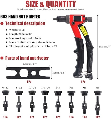 Miniatura 2 de Hilitchi Kit de tuercas remachadoras de mano de 8 pulgadas con 8 mandriles M3, M4, M5, M6, 14-20, 10-24, 8-32, 6-32 Kit de pistola remachadora de