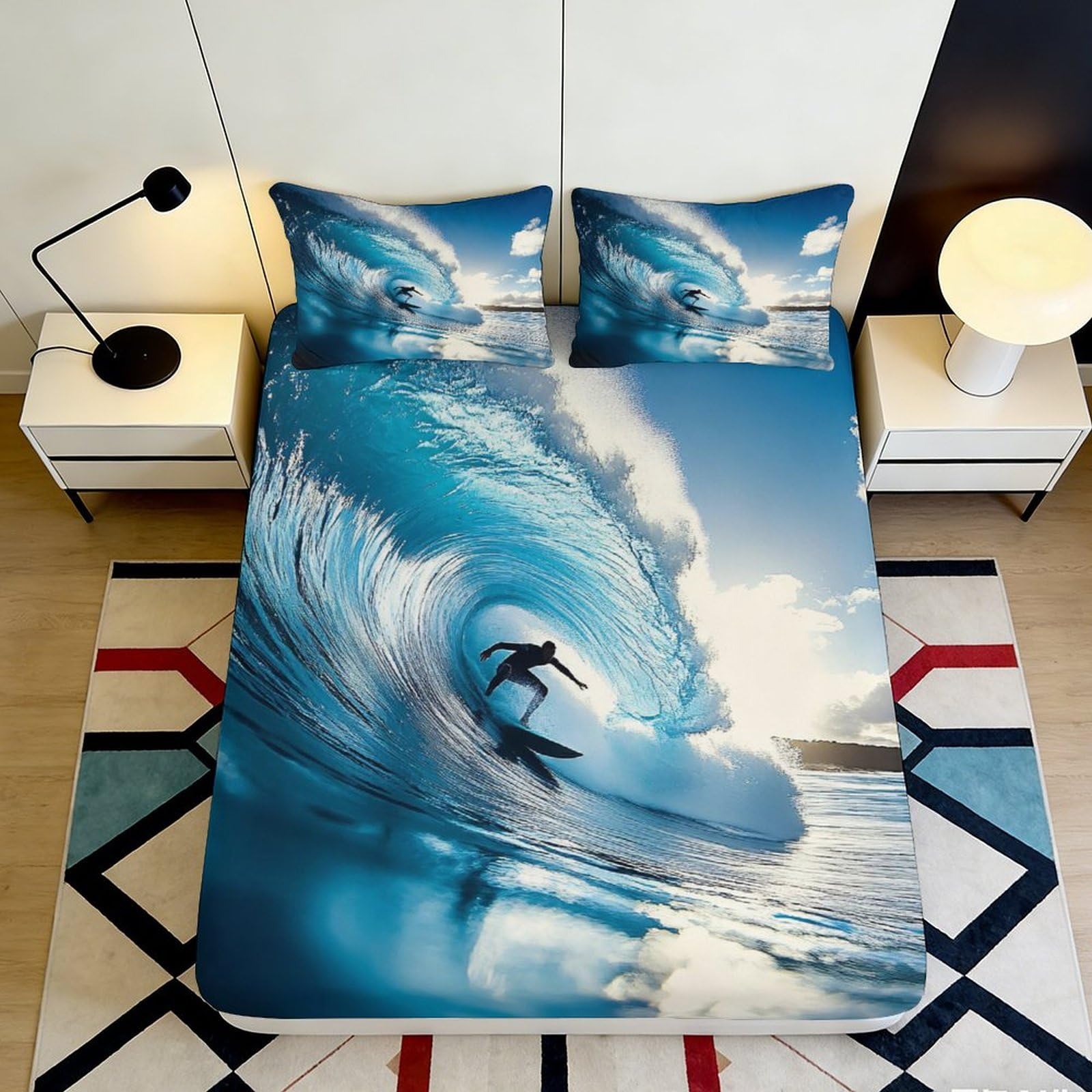 3D Printed Surf Wave Fitted Sheet Microfiber Soft Breathable Ocean Surfing Mattress Cover for Bedroom Dormitory Guest Room Protection Decor 120x200x25cm