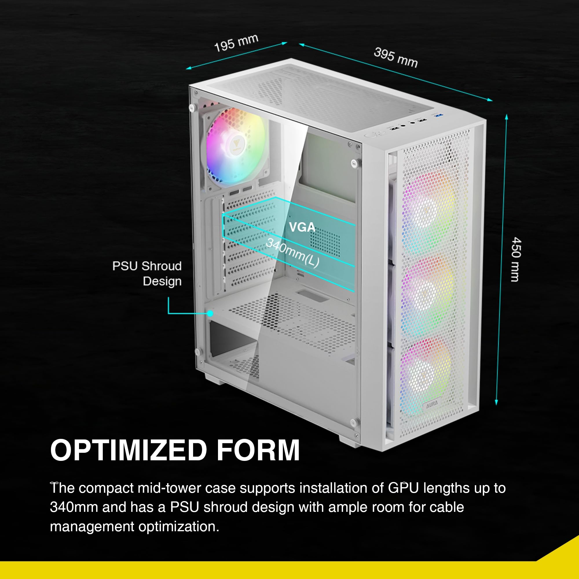 Carcasa para computadora de videojuegos ATX Mid Tower blanca con vidrio templado lateral, 4 ventiladores ARGB de 4.724 in, soporta hasta 6 ventiladores de 4.724 in, AIO/radiador de 14.173 in 3