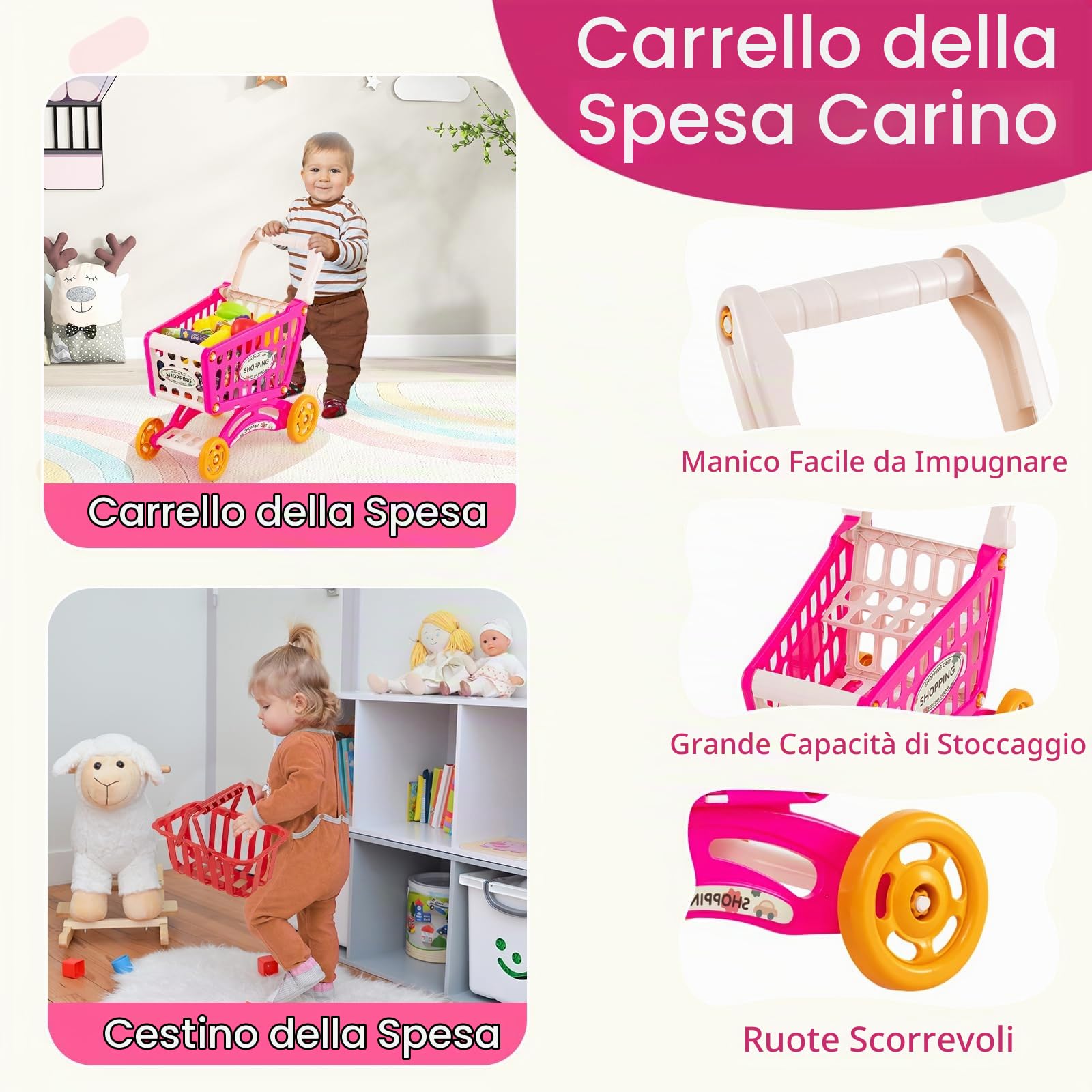 HOMASIS Supermercato Giocattolo per Bambini con Carrello della Spesa e 29 Accessori, Negozio di Alimentari con Luci e Suoni, Cassa, Bilancia e Scanner, Banco per Bambini dai 3+ Anni (Rosa)