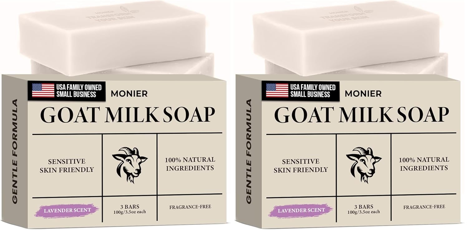 MONIER Goat Milk Soap Bar For Dry & Sensitive Skin - 100% Natural & Organic Skin Care - Enriched with Shea Butter - Use on Face, Body & Hands - For Men, Women, Kids & Baby (Lavender, 6 Pack)