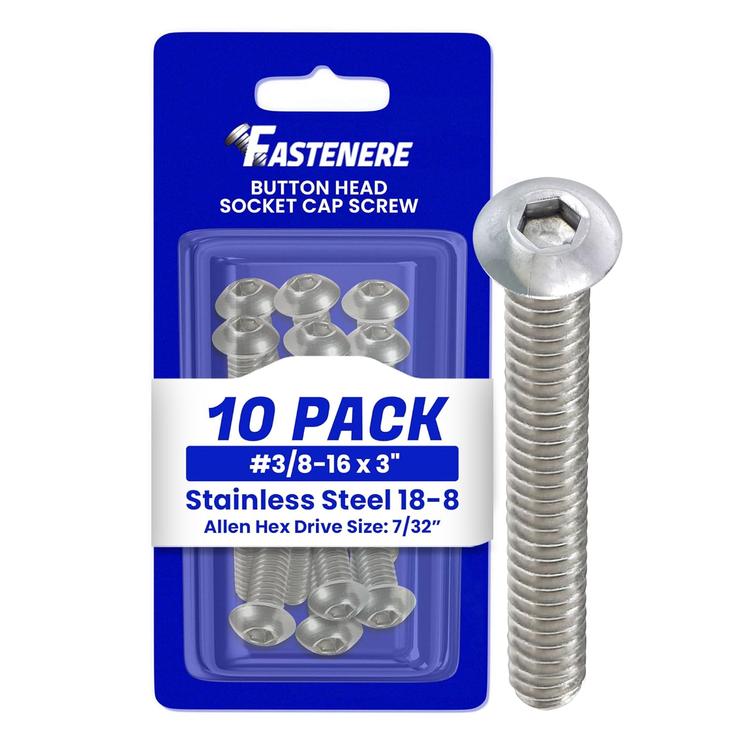 Fastenere Button Head Socket Cap Screws - 3/8-16 x 3 (10 Pack) Stainless Steel 18-8, Full Thread, Bright Plain Finish, Corrosion-Resistant, Machine Thread, Easy to Install w/Allen Socket Drive