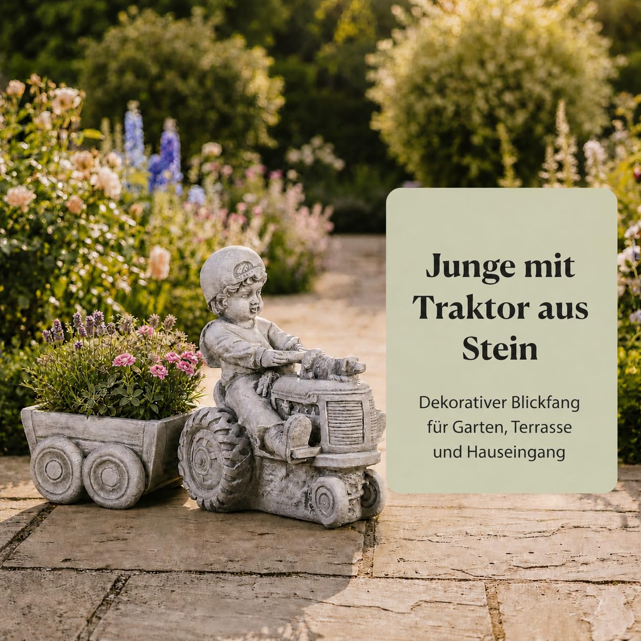 gartendekoparadies.de Gartendeko Junge mit Traktor und Anhänger als Pflanzgefäß, Steinguss Grau, H 32 cm, ca. 0,7 l, ca. 14 kg, frostfest bis -30 °C