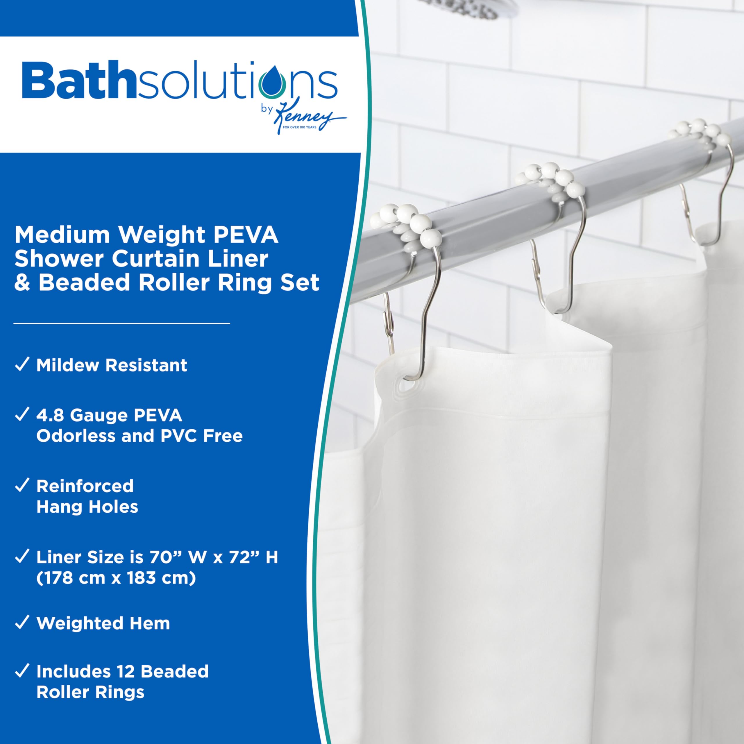Kenney KN61709 Medium Weight 5 Gauge Waterproof PEVA Shower Curtain Liner with Durable Eyelet Hang Holes, Weighted Magnetic Hem, and 12 Piece Beaded Roller Ring Set for Bathroom, 70