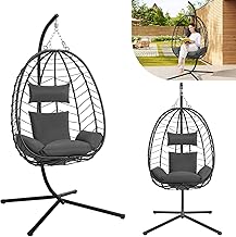 Laneetal Hanging Chair, Egg Chair with Stand, Swing with Cushion and Headrest, Load 150 kg, PE Rattan Look, Metal Structure, for Garden, Patio, Terrace, 102 x 100 x 196 cm, Dark Grey