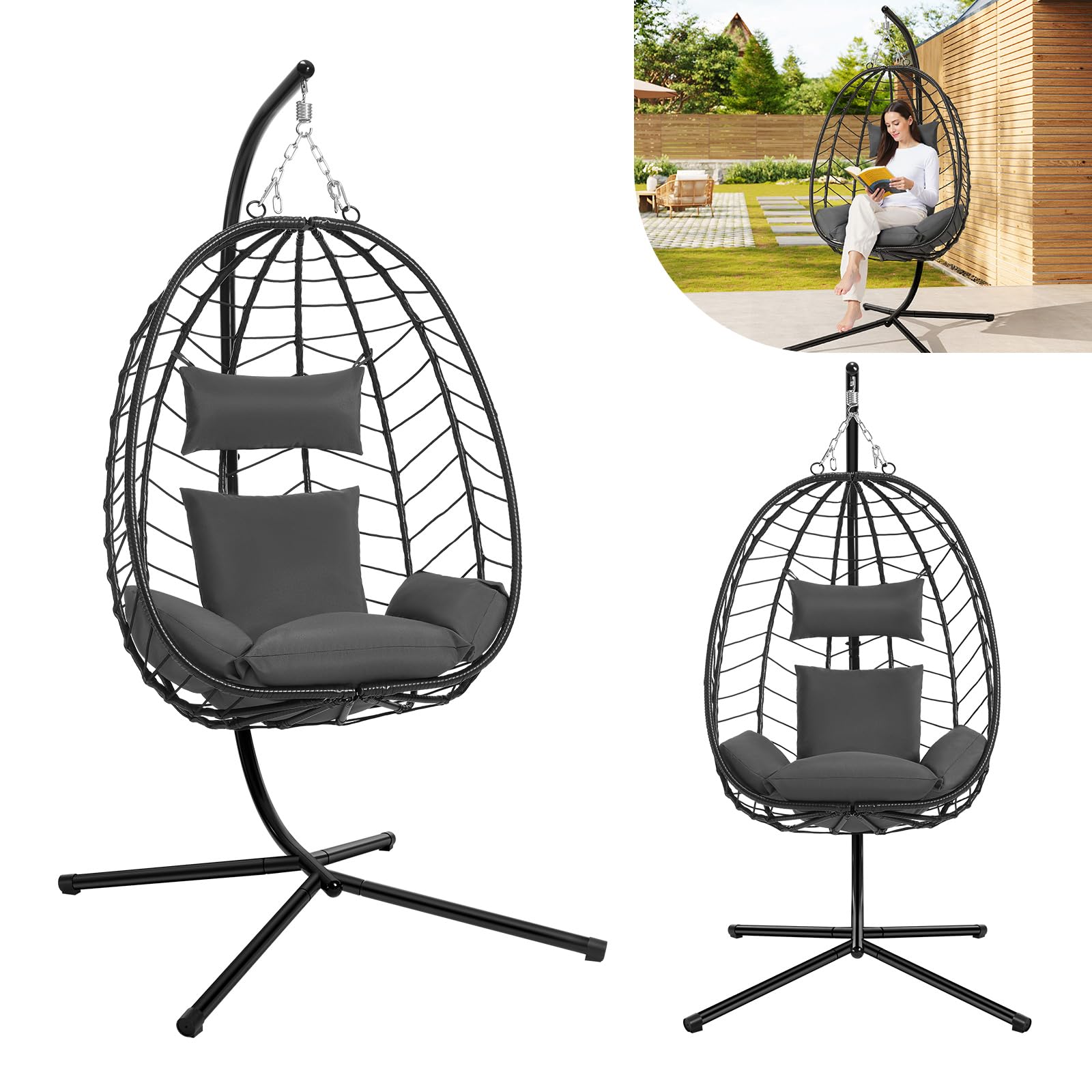 Silla Colgante, Silla Huevo con Soporte, Columpio con Cojín y Reposacabezas, Carga 150 kg, PE Aspecto Ratán, Estructura de Metal, para Jardín Patio Terraza 102x100x196 cm, Gris Oscuro