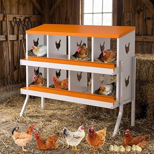 Chicken Nesting Box, 8 Compartment Galvanized Steel Chicken Laying Boxes, Heavy Duty Rustproof Chicken Coop with Easy Egg Collection for Backyard Farms - with Bracket Legs, Orange