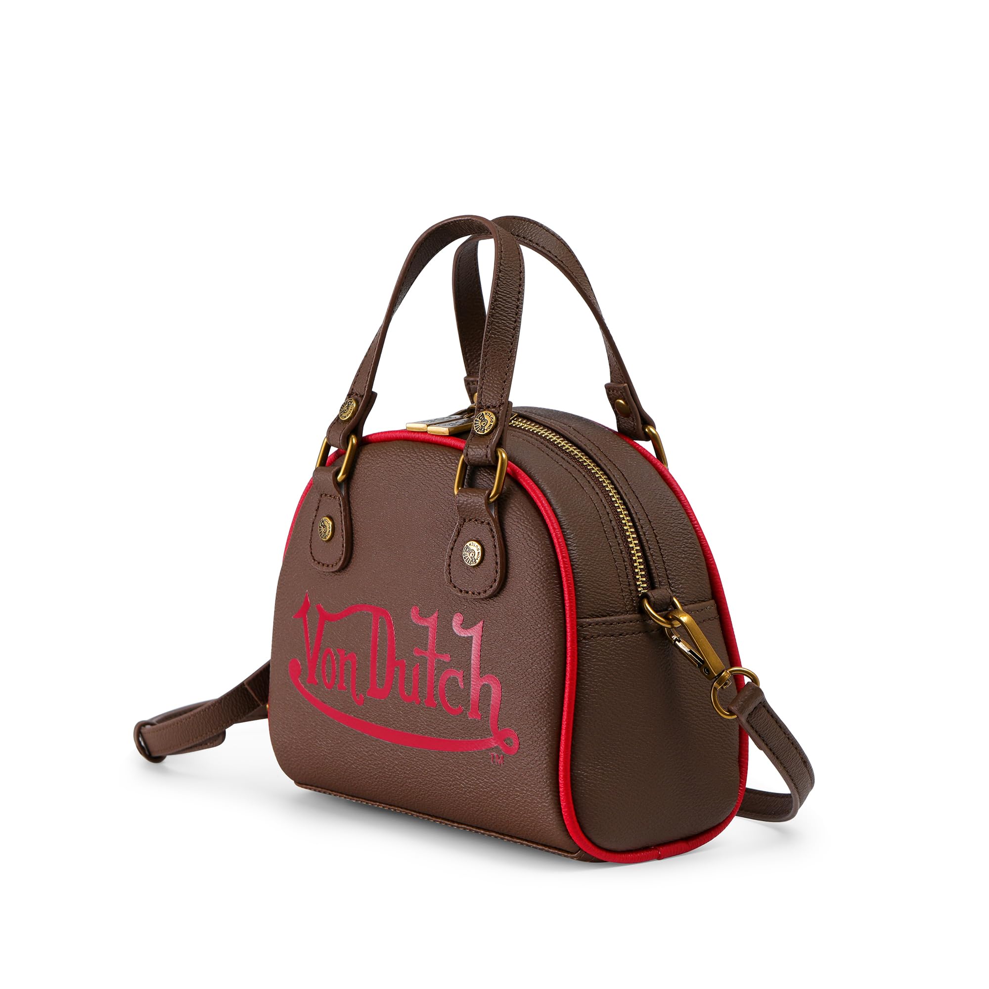 Von Dutch Womens Two Tone Bowling Bag Purse - Stylish Women's Handbag with Adjustable Strap, Spacious Interior, and Iconic Logo Design (Dark Brown and Red)