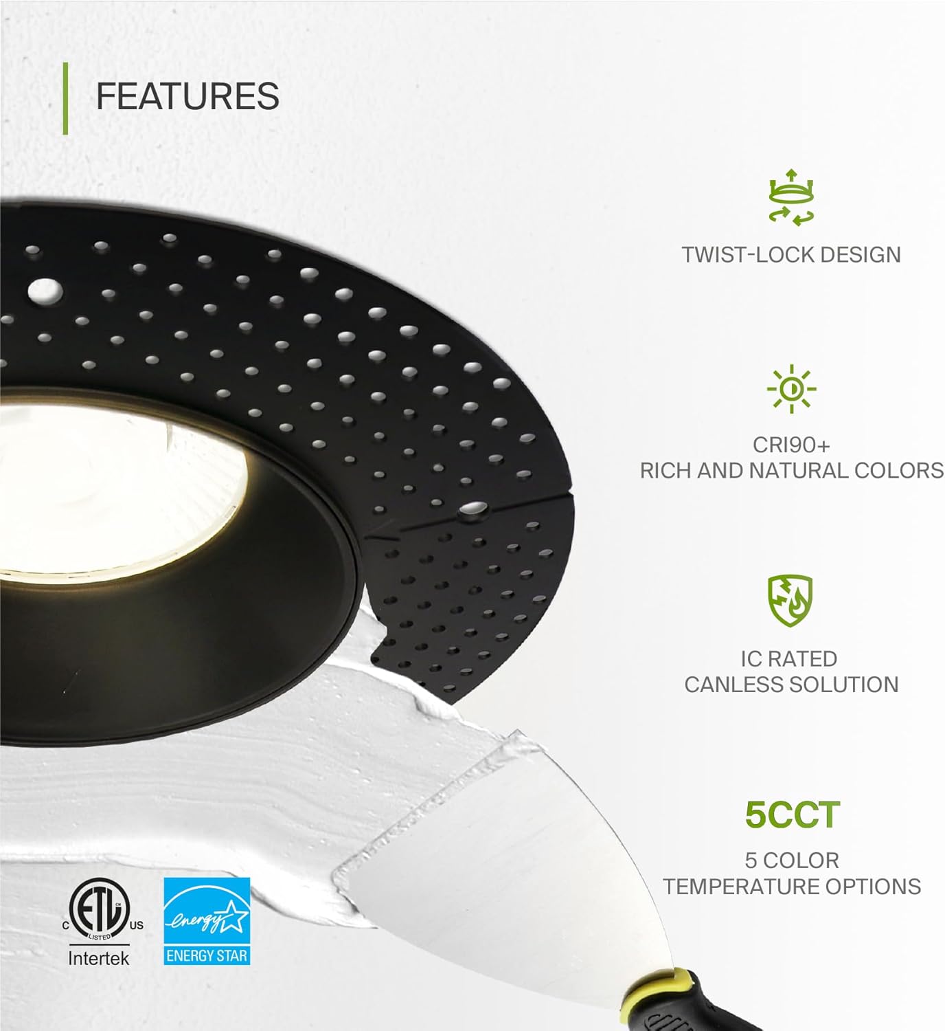ASD Trimless LED Recessed Lighting 6 Inch, 24W 120V Round Commercial Downlight, Canless Dimmable Lights for Ceiling, 5 CCT 2700K-5000K, CRI 90+, IC Rated, ETL, Energy Star, Black