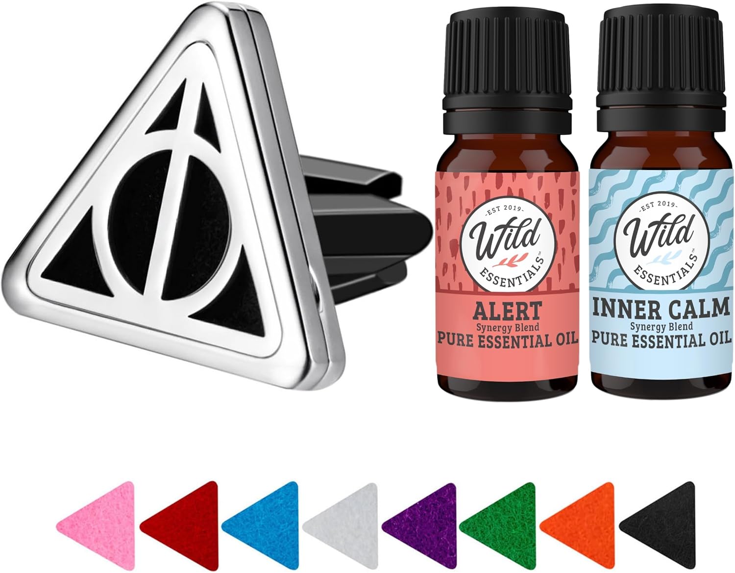 Wild Essentials Potter Hallows Car Vent Diffuser Kit – 316L Stainless Steel Locket, Rubber-Coated 4-Way Clip, 8 Color Pads (22mm), 25mm – Includes Alert & Inner Calm (2 x 10ml)