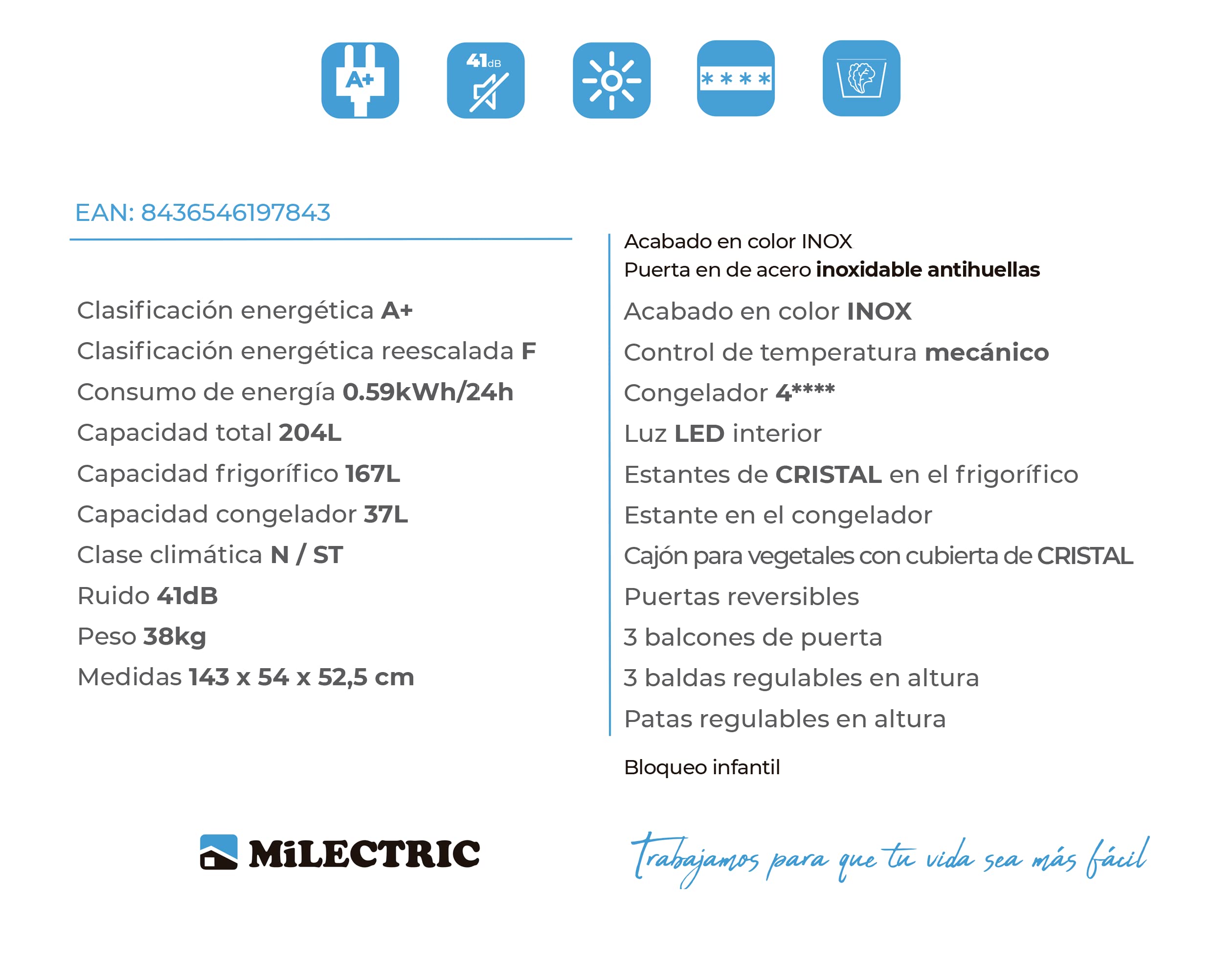 INFINITON ELECTRONICS MILECTRIC RFD-215S - Frigorífico 2 puertas, Inox, 204 litros, Luz LED interior, Control mecánico, Clase energética A+/F